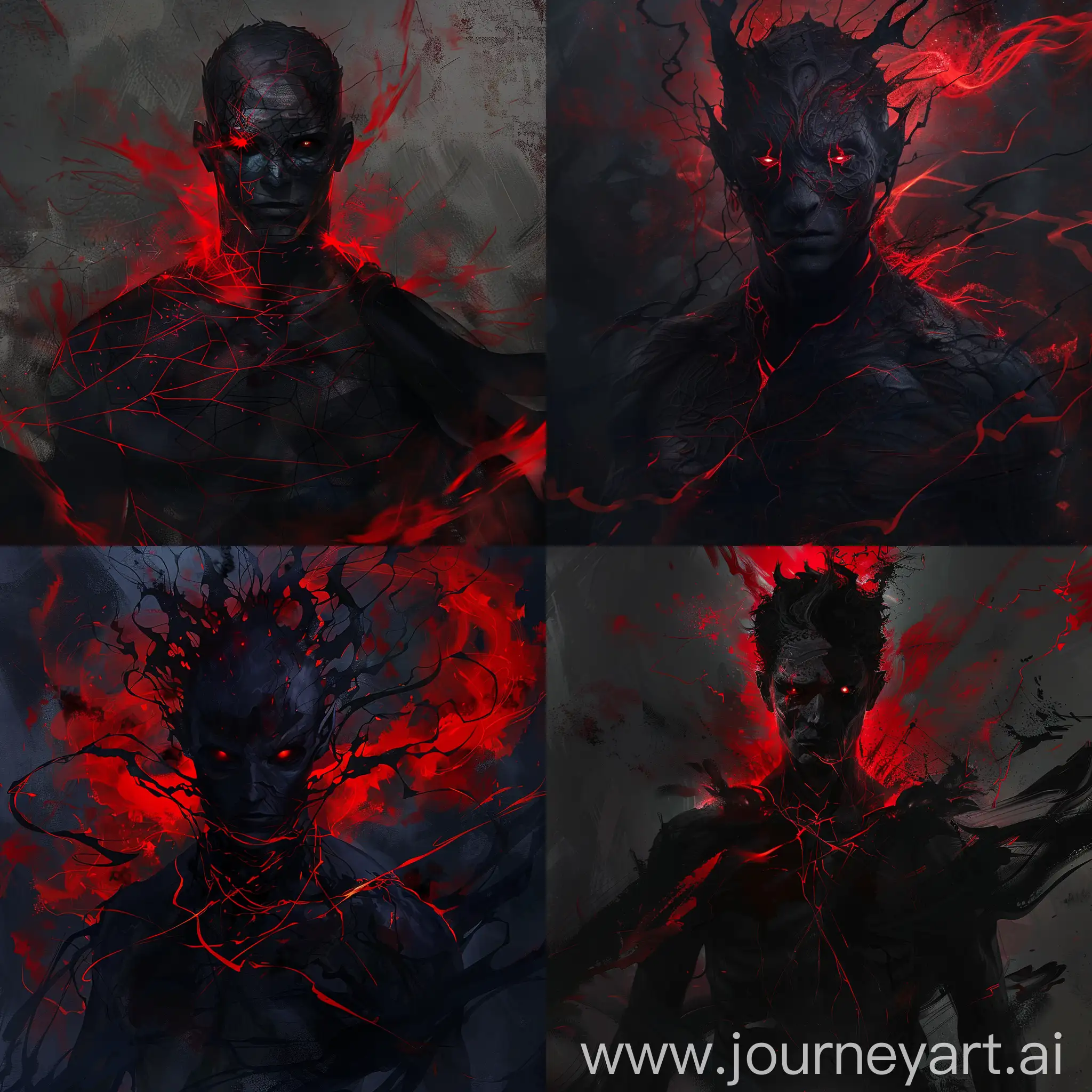 Sentinel of Suffering, embodying darkness and shadows with red accents. A powerful, masculine figure transcending godly presence, featuring dark skin, shadowy form, intense red eyes, and a unique face with connected lines instead of a mouth. Cloaked in darkness, he conveys more of a suffering demeanor than fright, carrying the burdens of all creatures. A being bound to endless suffering. A powerful red aura.