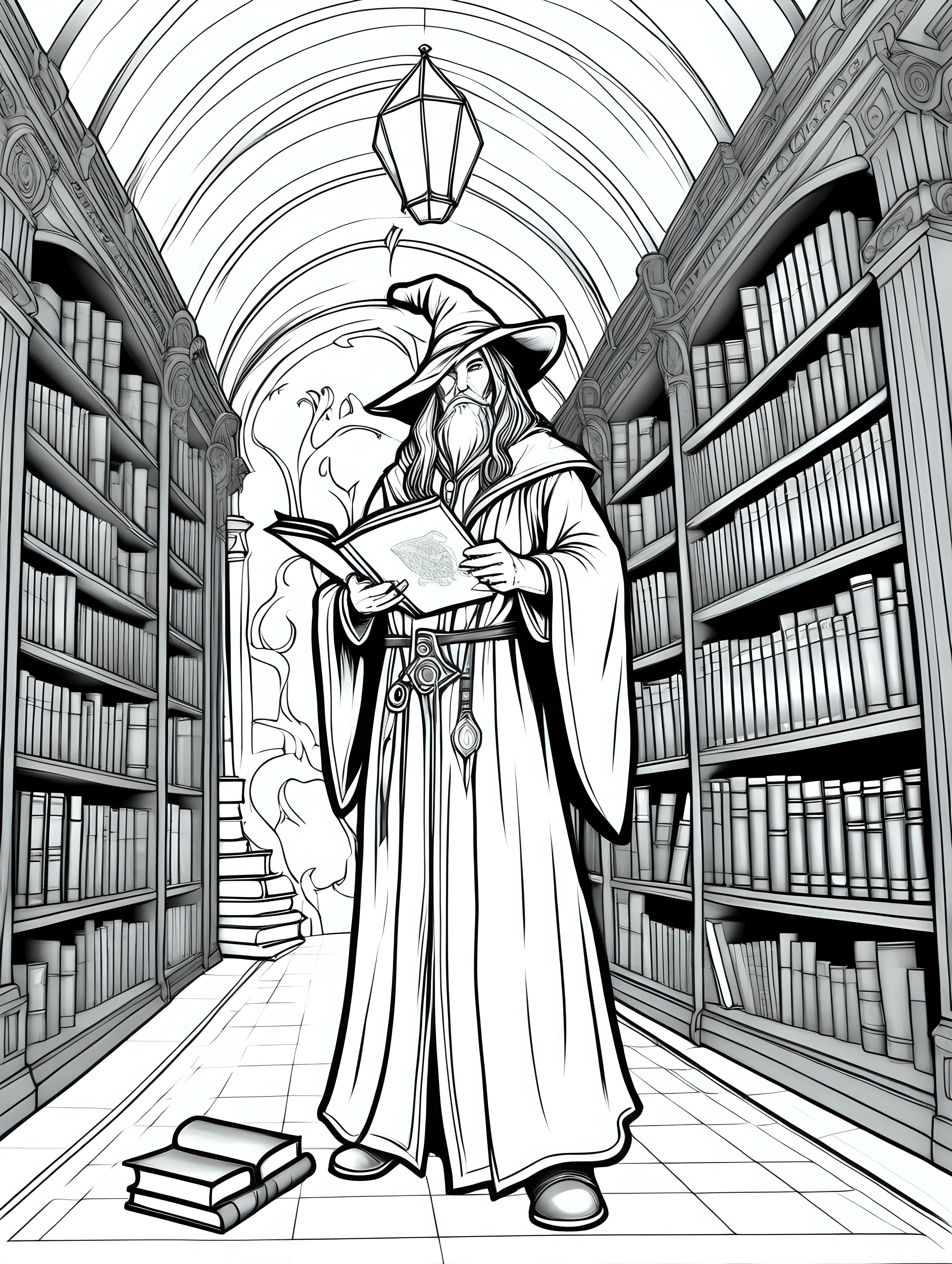 fantasy world, mage in a library, coloring page