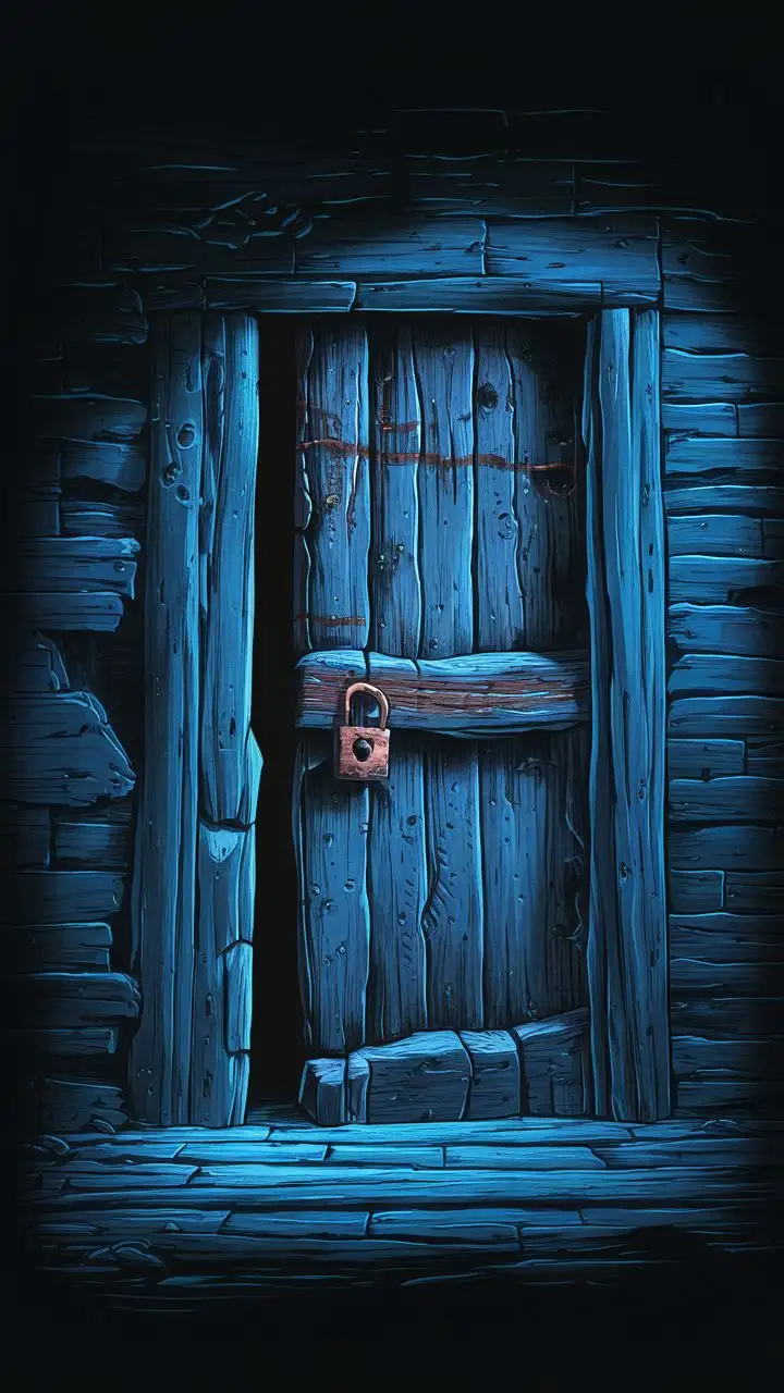 Dungeon. Old Wood. closed Door, Lock. Dark, Vignette, nighttime, 