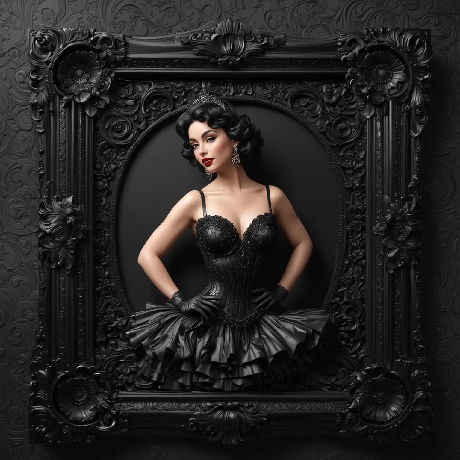 Burlesque-Dancer-Carved-Black-Lacquer-Wood-Art-with-Elizabeth-Taylor-Style