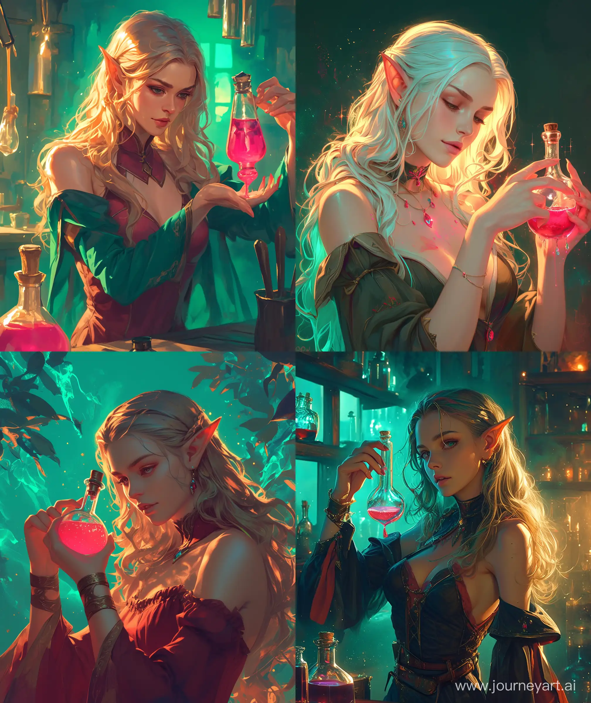 Beautiful woman , elf, making potion, pink and red mix potion, upper body, ultra hd, high quality, glistening atmosphere, evening time, teal and yellow color style --ar 27:32 --niji 6