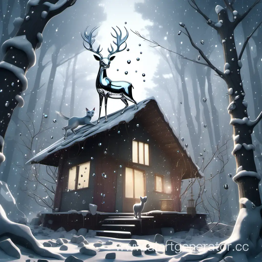 серебряный олень стоит на крыше домика в лесу, из под его копыт падают драгоценные камни, рядом 
стоит кошка