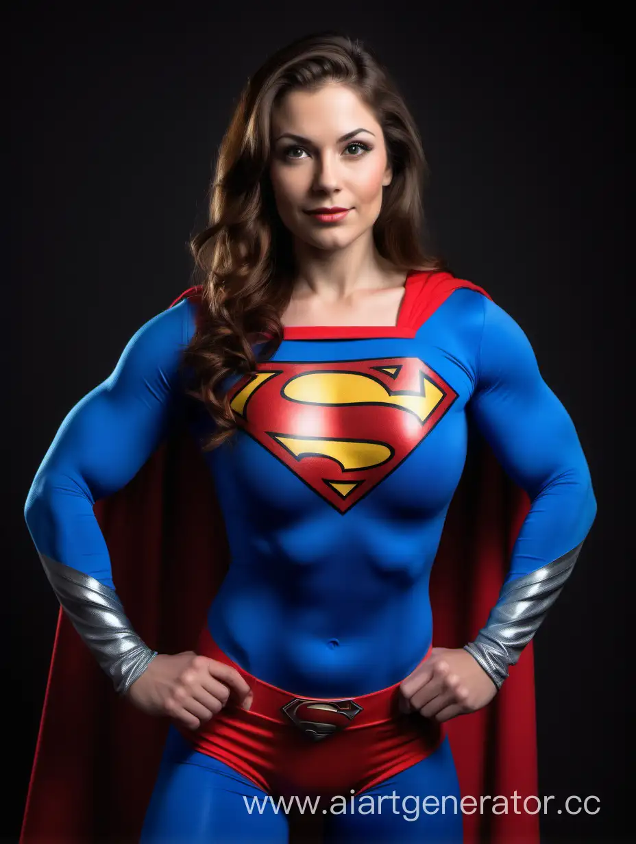 A pretty woman with brown hair, age 26, She is confident and strong. She is extremely muscular. Her arm muscles are over overdeveloped. Her leg muscles are over overdeveloped. Her chest muscles are over overdeveloped. Her abdominal muscles are over overdeveloped. She is wearing a Superman costume with (blue leggings), (long blue sleeves), red briefs, and a long flowing cape. She is posed like a superhero, strong and powerful. Enormous muscles expand beneath her costume. Bright photo studio  