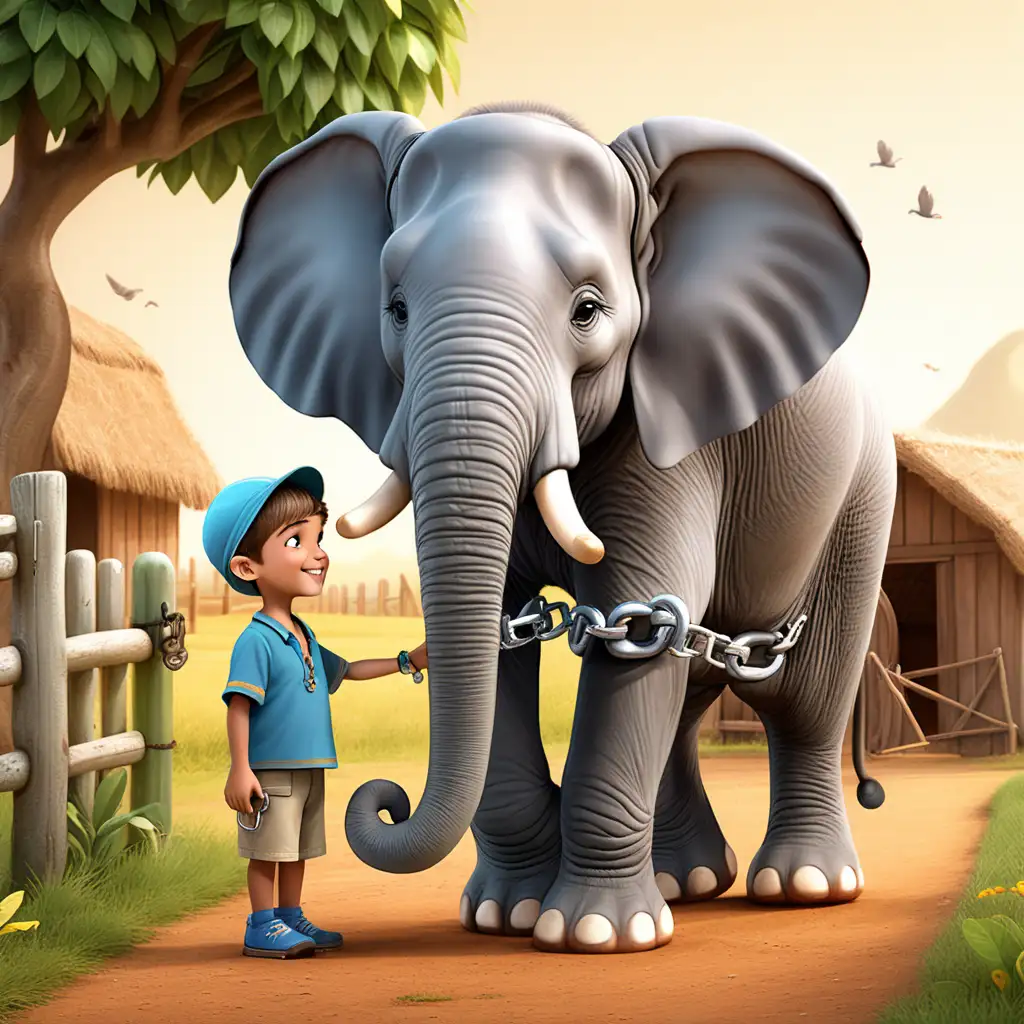 Create a 3D illustrator of an animated character of a little boy talking to a elephant keeper with a elephant tethered by a small chain on its foot and standing in the farm. Beautiful and spirited background illustrations.