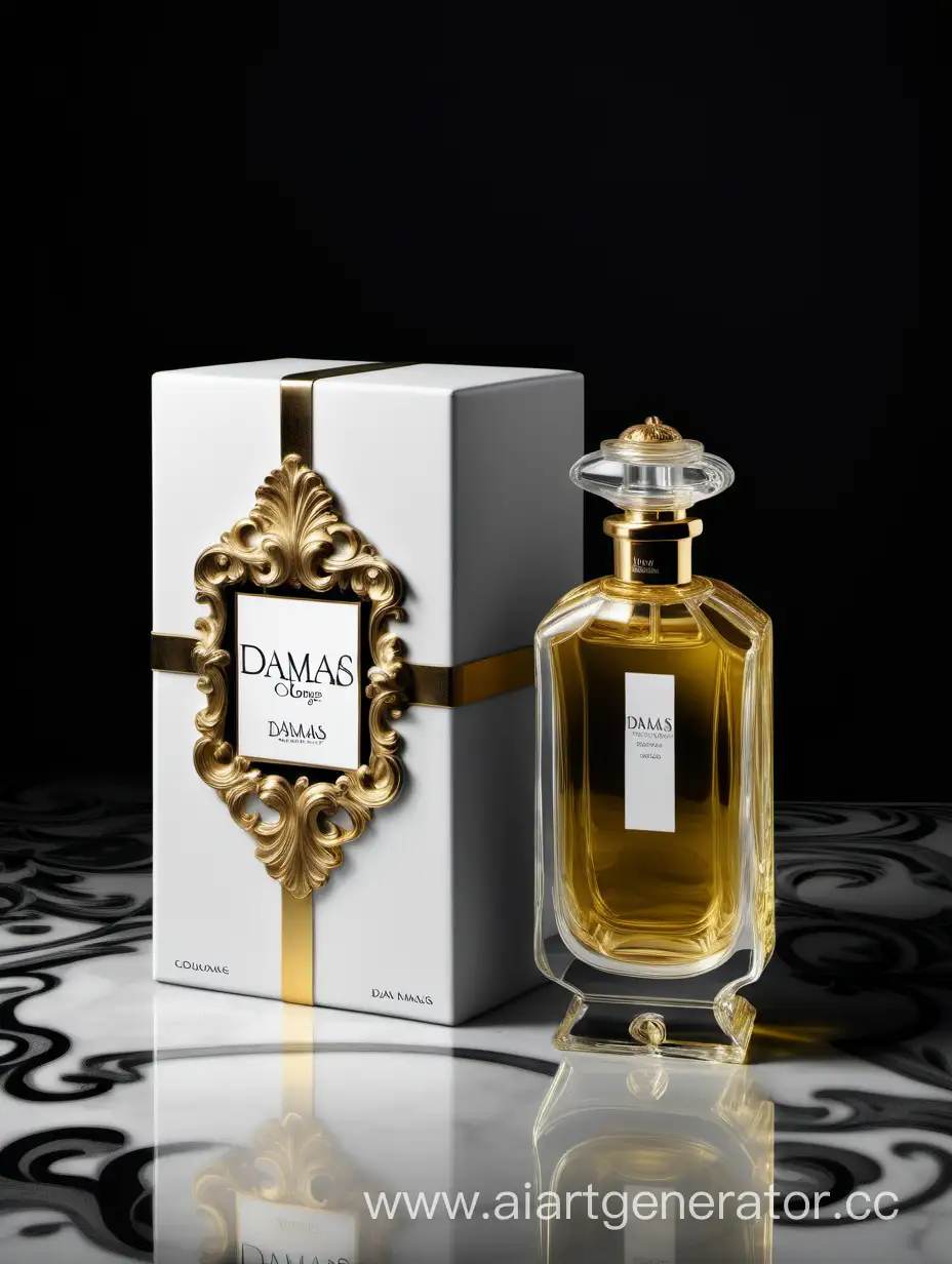 a bottle of damas cologne sitting next to a dark White box,with golden lines a Baroque dynamic luxurious composition, feminine
flemish Baroque