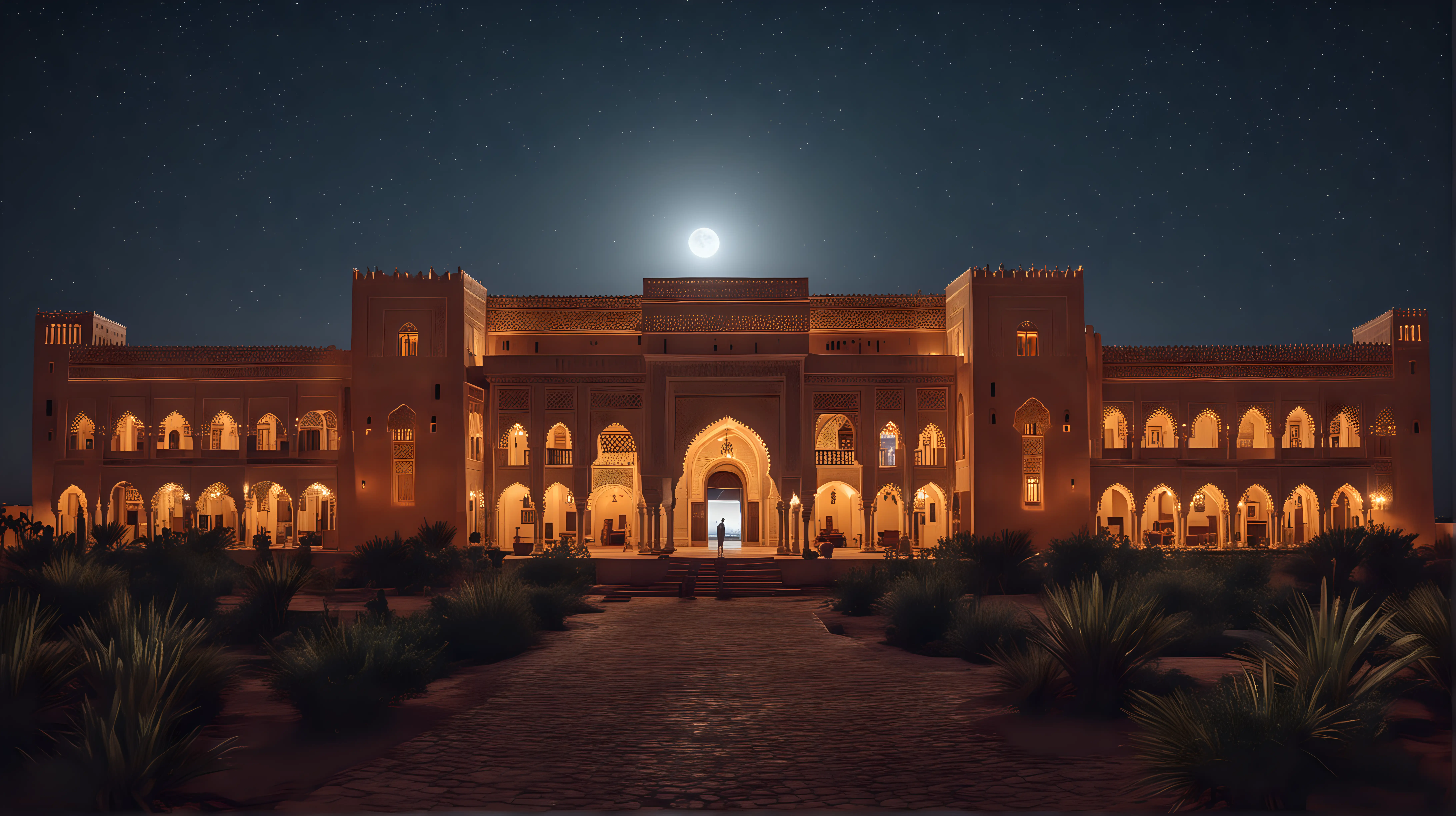 a Moroccan traditional palace, close view, night, full moon and star in the sky, vivid colors