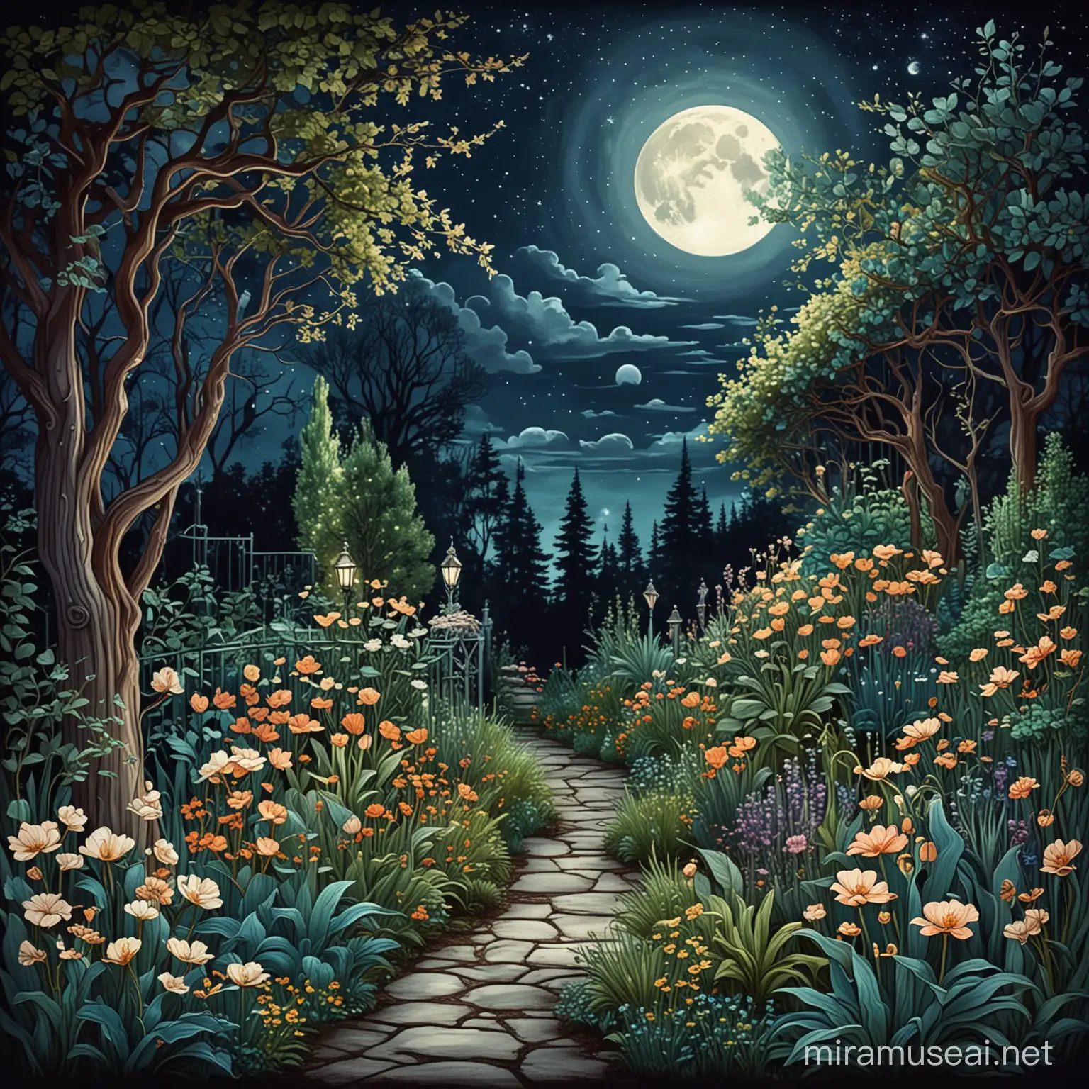 Enchanting Art Nouveau Garden Night Scene with Moon in Painted Style