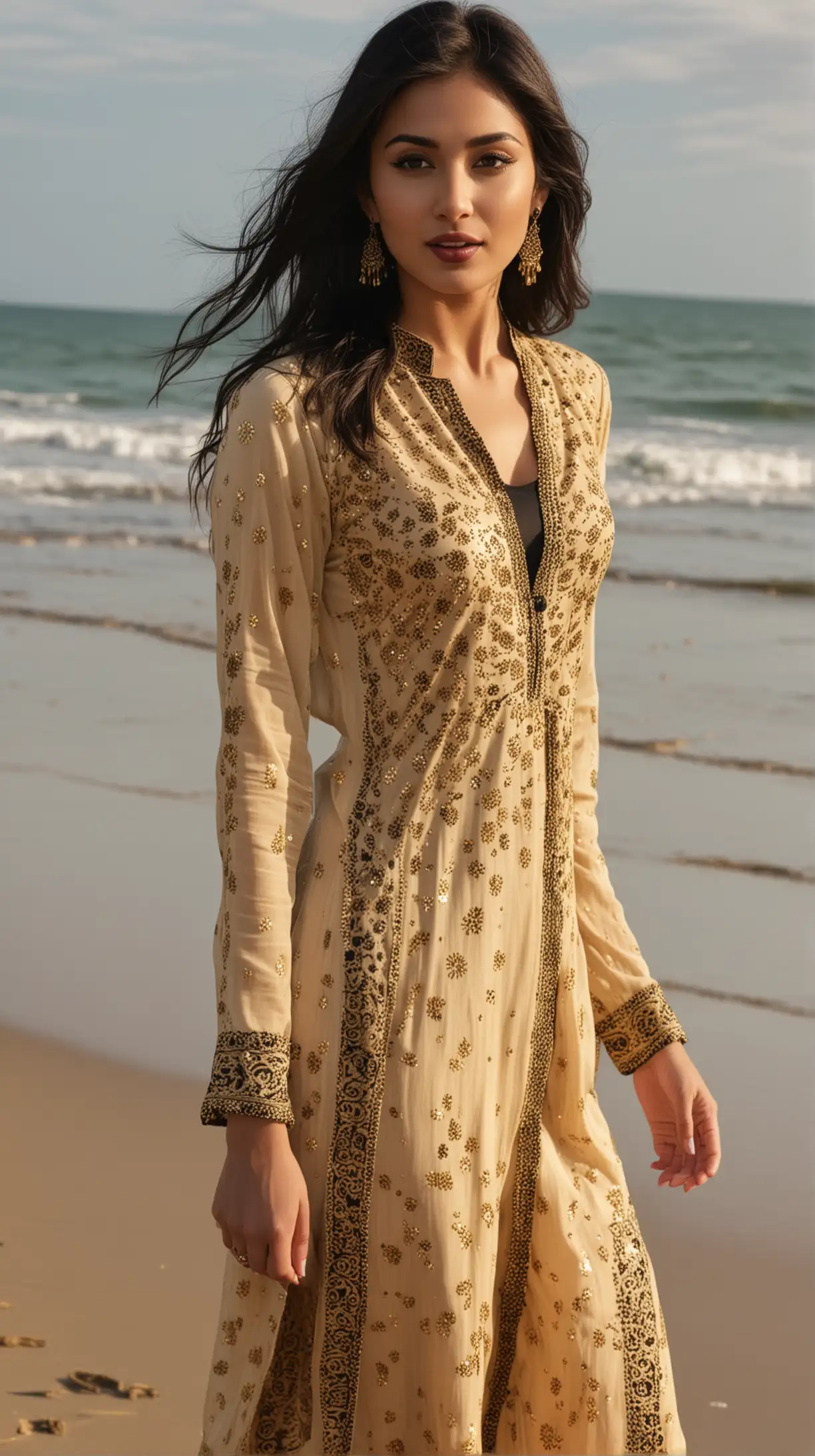 Very stunning, beautiful and sexy 25 year old British girl sensually wearing Beige, Gold and black Indian salwaar kameez, looking slightly japanese, black hair, maroon lipstick, dancing in front of beach in England, vivid colours, 4k, photo realistic, only upper-body and face shown