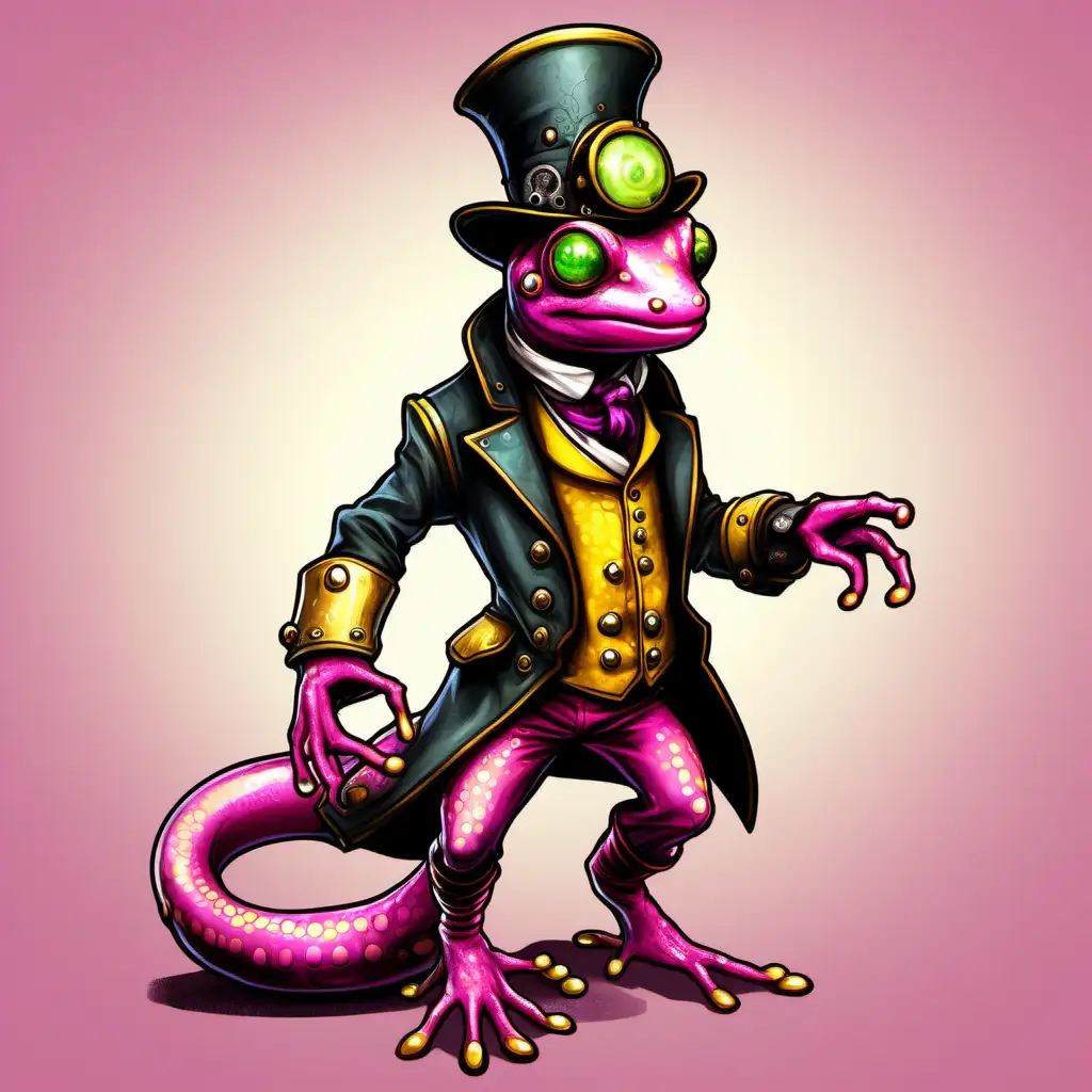 a salamander character for a board game, steam punk style, pink skin and yellow eye, full body