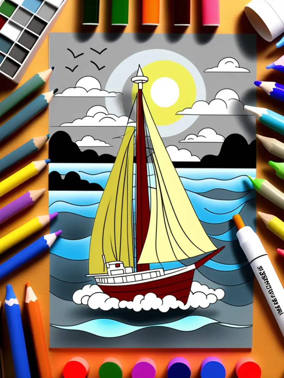 You are a doctor, and  you prescribe to your patient the need to reduce stress and anxiety ;  it is determined that adult coloring books are a good therapy. Please create the most soothing water scenes, sail Please create in grayscale