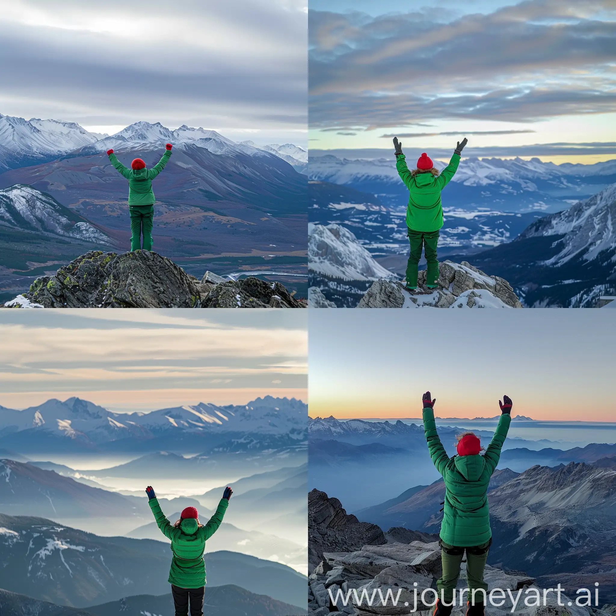 Человек в салатовой куртке и красной шапке на вершине горы вздымает руки стоя спиной на фоне неба и гор внизу