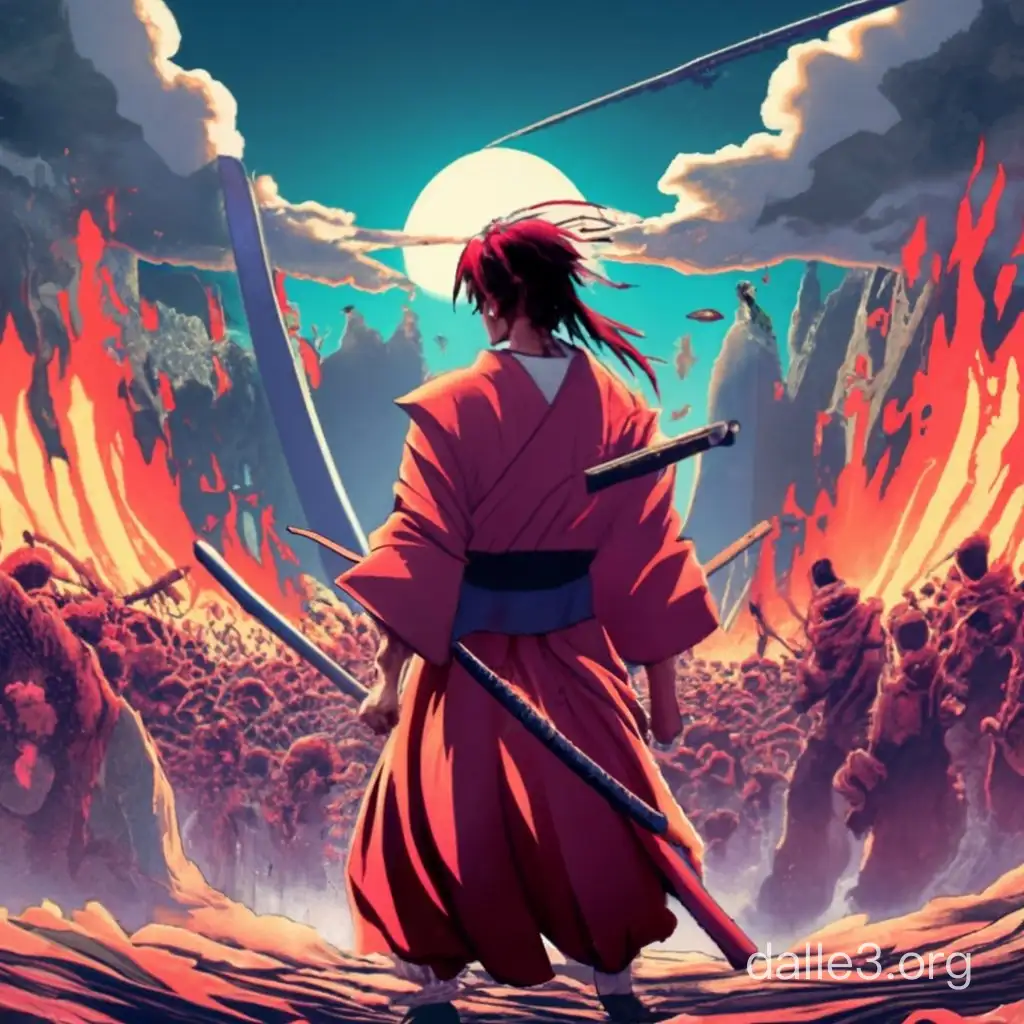 Rurouni Kenshin's Determined Stand: Kenshin, bathed in the crimson hue of a demon-filled battleground, stands resolute, his sakabatō drawn, facing an army of grotesque, shadowy demons. His eyes blaze with determination as he prepares to unleash his Hiten Mitsurugi-ryū techniques against the dark horde, promising to protect humanity at any cost.