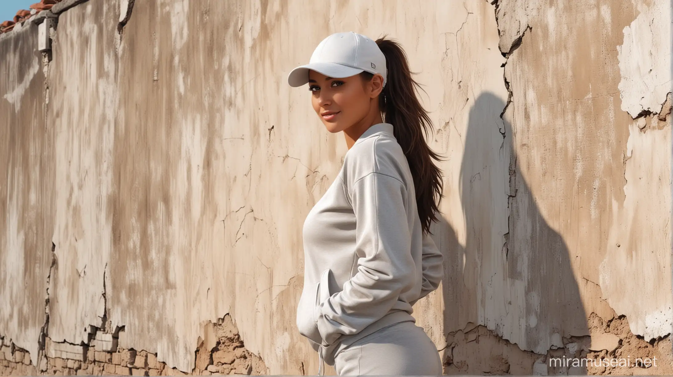 Draw a chic beauty with a beautiful tanned brunette girl, looking smiling towards the camera, wearing a tight tracksuit and white baseball cap, hair in a ponytail, standing against a wall, the wall is shabby and cracked, grunge style, super realistic