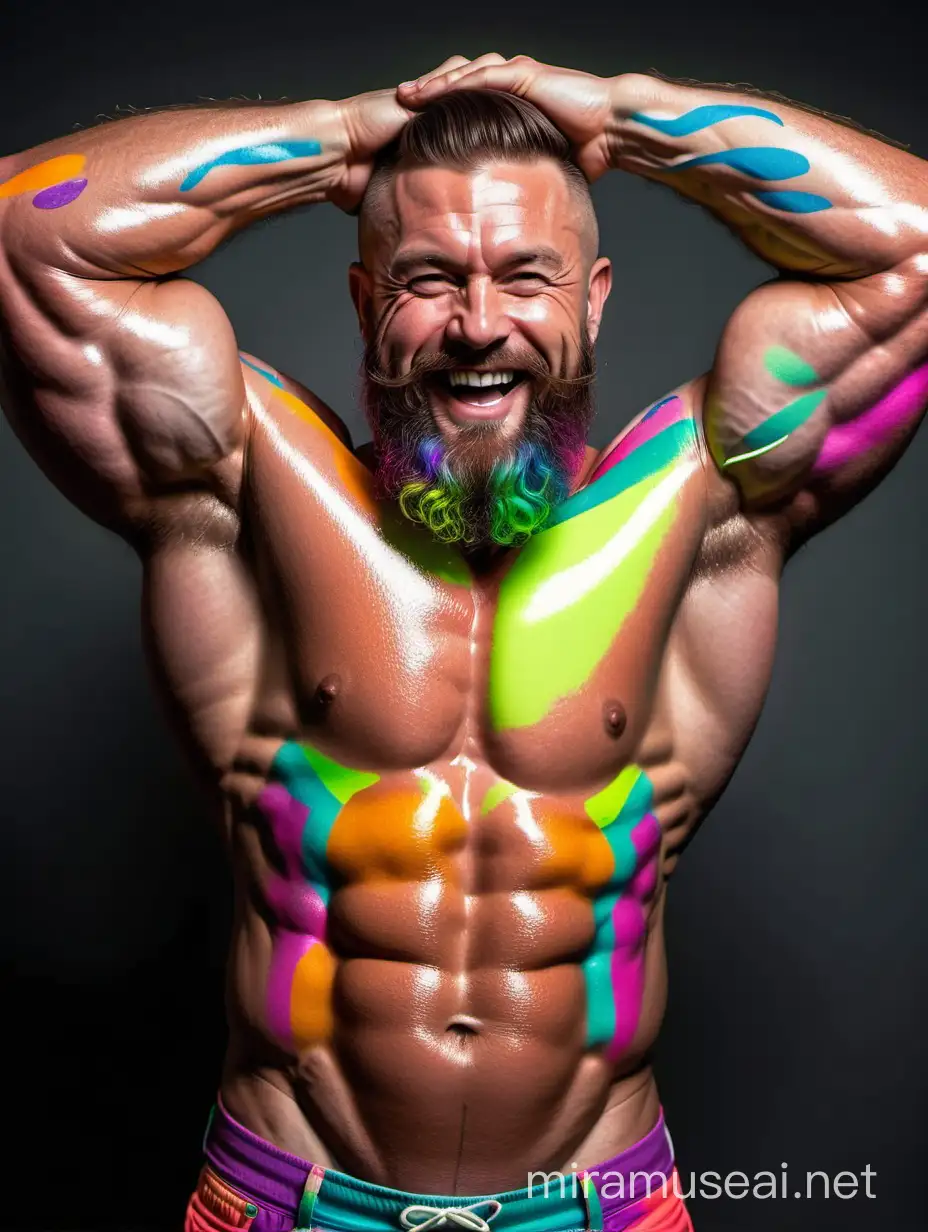 Topless 40s Ultra Beefy Happy Bodybuilder Beard Daddy Glow in the Dark Highlighter Multi BRIGHT Coloured Ink Painted Poured all his body and Flexing his Big Strong Arm