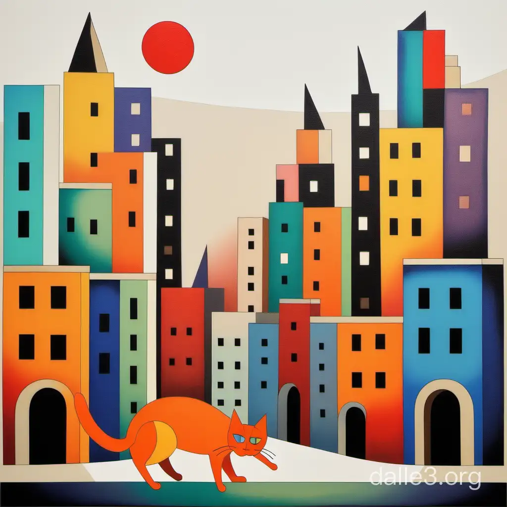 город с котом многоцветный растовый рисунок минимализм примитивизм супрематизм наив