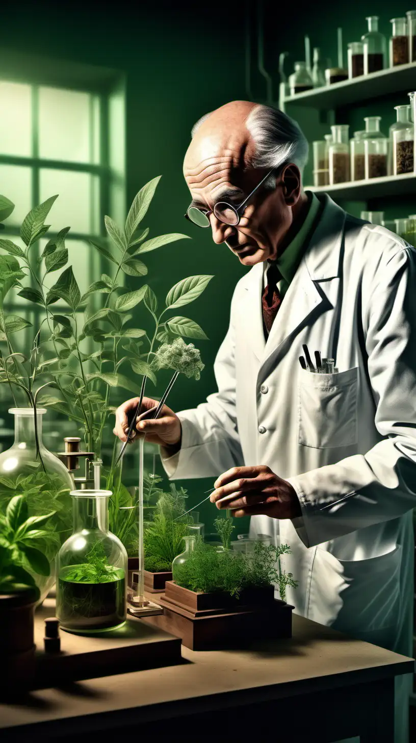 Historical Digital Illustration portraying Albert Hofmann in a vintage laboratory, immersed in examining specimens among herbs and plants, evoking the historical context and dedication of the scientist, Inspirations from Scientific Illustrations of the past, Medium Shot, Soft Ambient Light, Isometric Assets Render.
