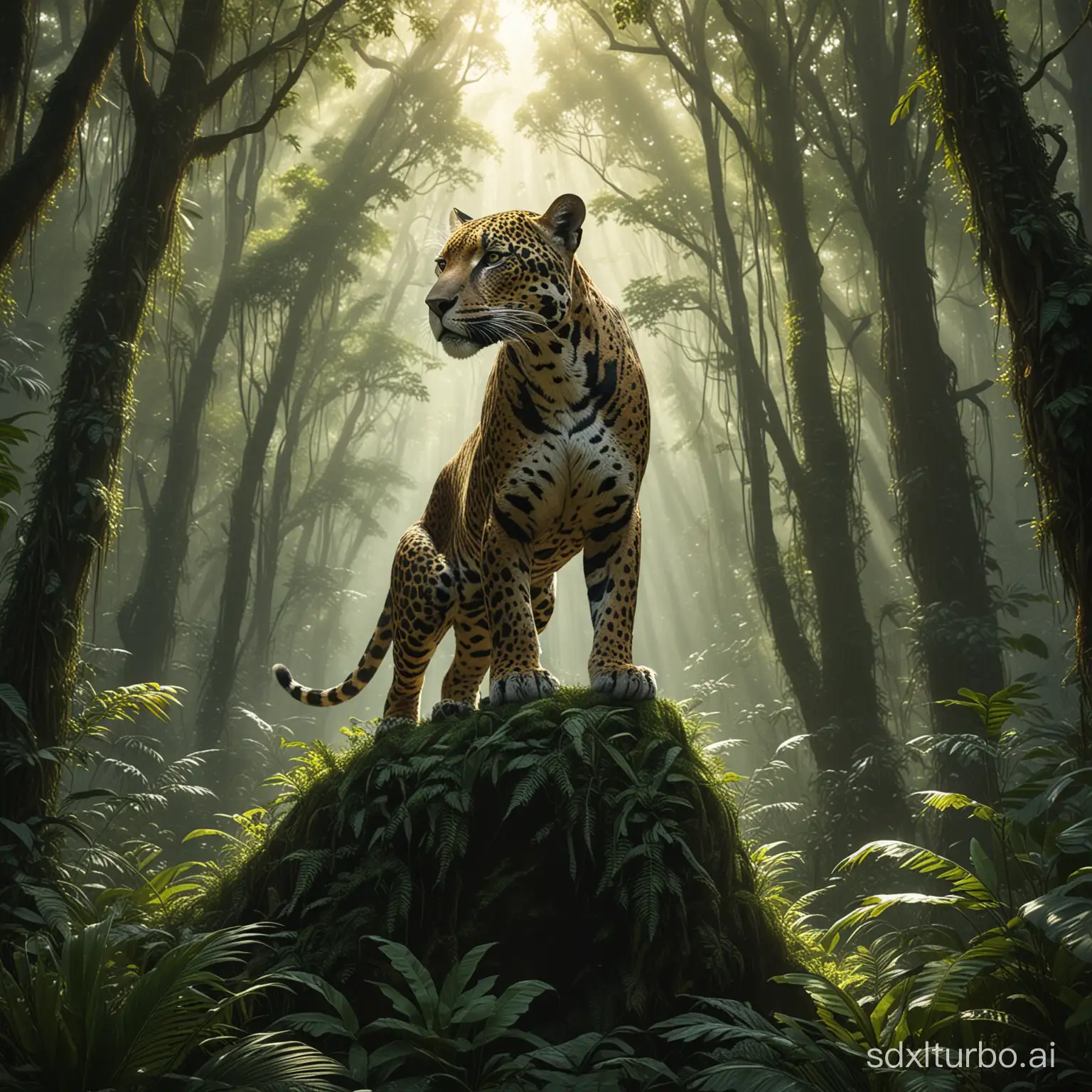 An ultra-realistic masterpiece artwork depicting "Forest Spirit", a majestic figure of a jaguar in a lush, dense rainforest. The scene shows a powerful and wise character, the guardian of the forest, embellished with emerald green and gold accents that reflect the surrounding flora. His posture is regal and commanding as he stands among ancient trees, with sunlight filtering through the canopy above, casting dynamic shadows around him. The artwork should evoke a sense of awe and mystery, blending the character seamlessly with the wild, natural beauty of the amazonian forest