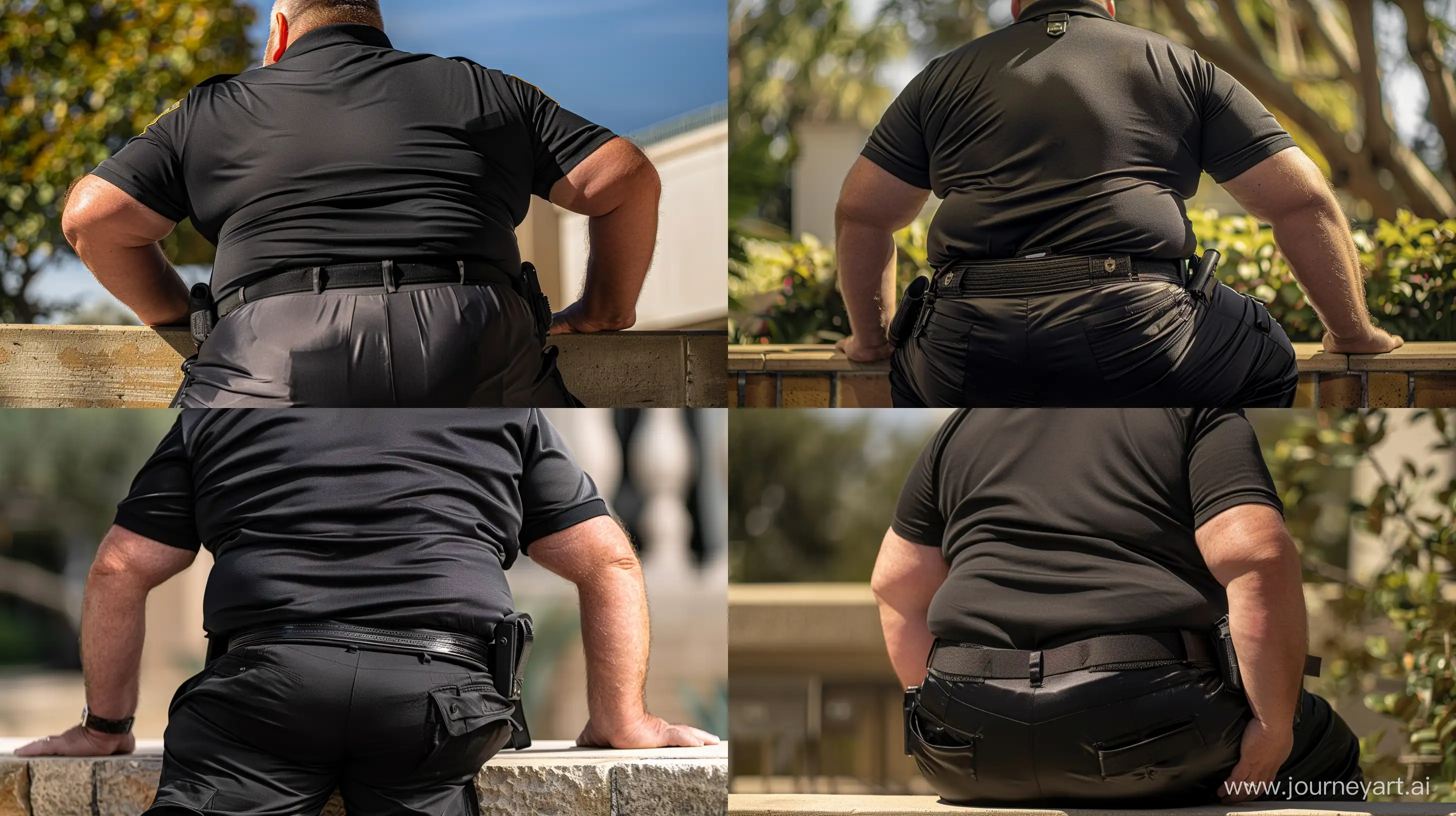 Back view low angle close-up photo of a fat man aged 60 wearing tight silk black security guard battle pants and a tucked in silk black polo shirt. Black tactical duty belt. Sitting on a wall outside. Hands on the wall. Natural light. --ar 16:9