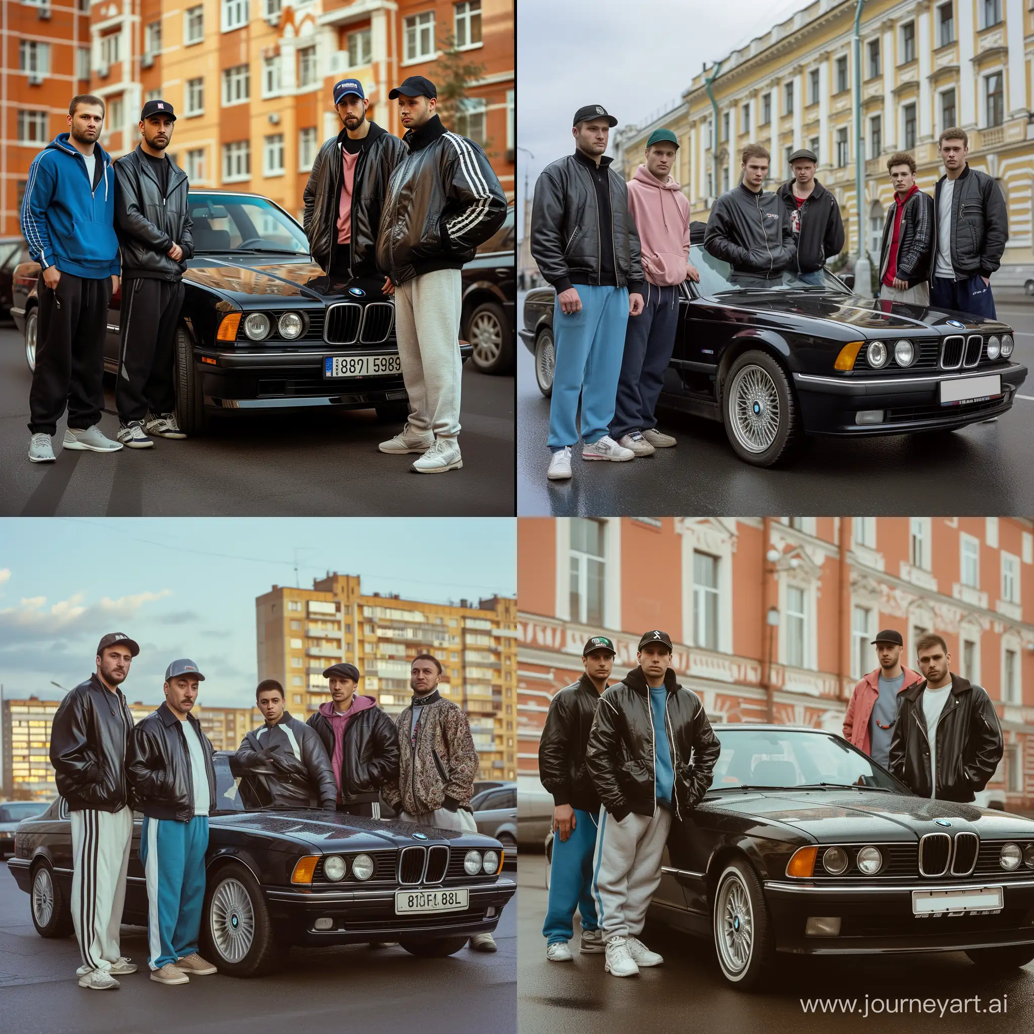 A city in the Moscow region, black bmw 750iL (E38), four men, tracksuit, baseball cap, leather jacket, windbreaker, sweatpants, 8k cinematic realism 