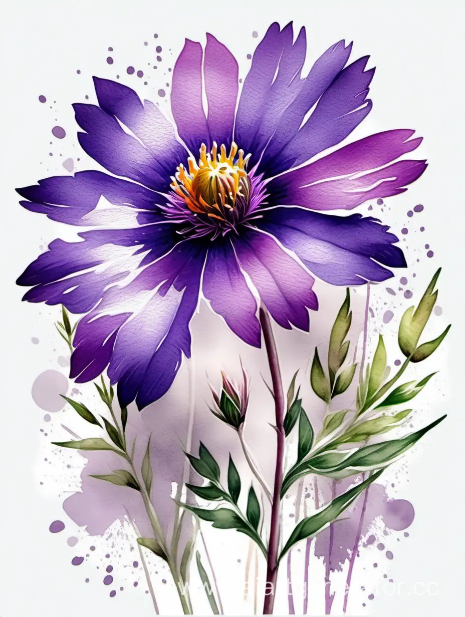 big purple wildflower realistic watercolor, on completely white rough texture  background, vivid colors and  pastel colors painting, brush strokes, 