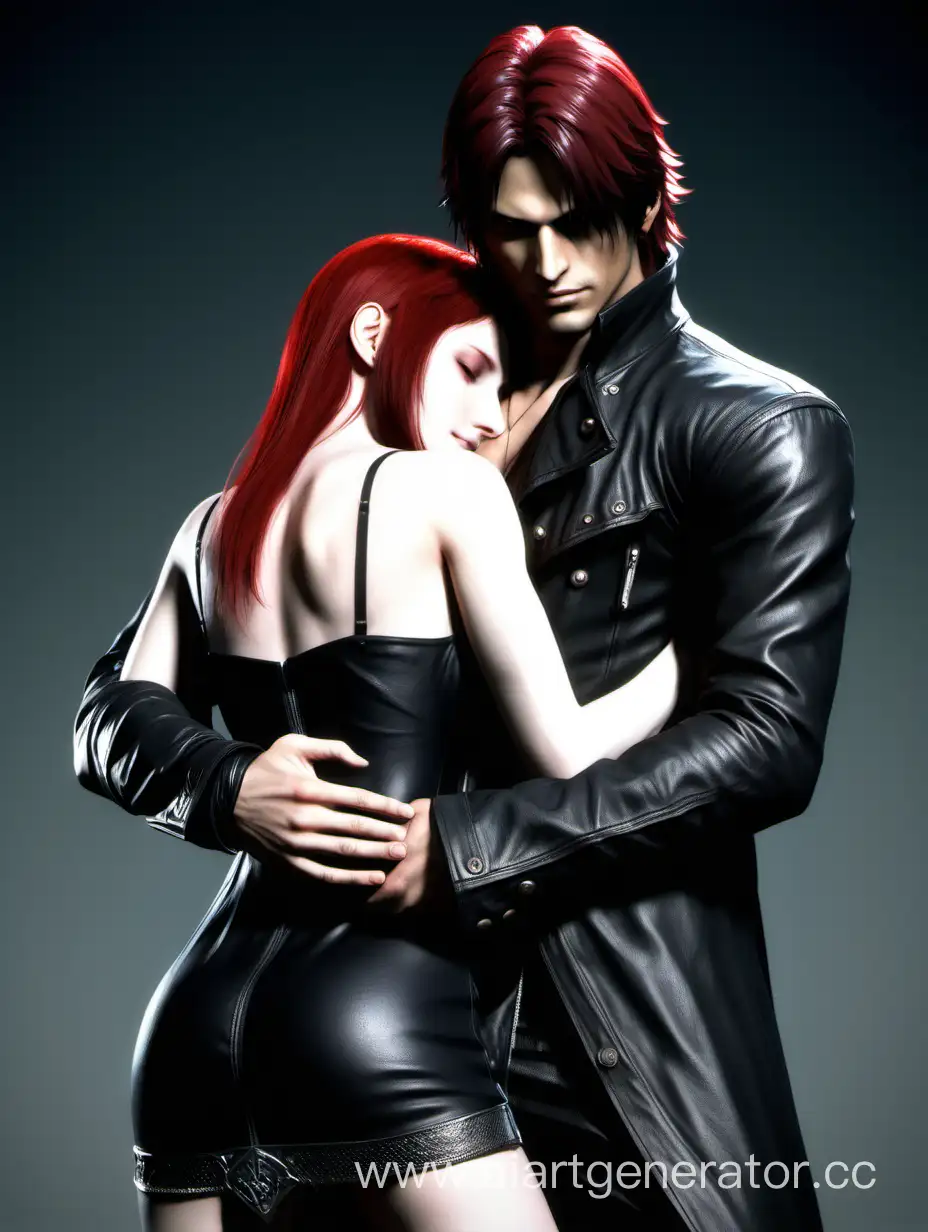 Dante from Devil May Cry series is hugging a red-hair woman who dressed in black sexy dress