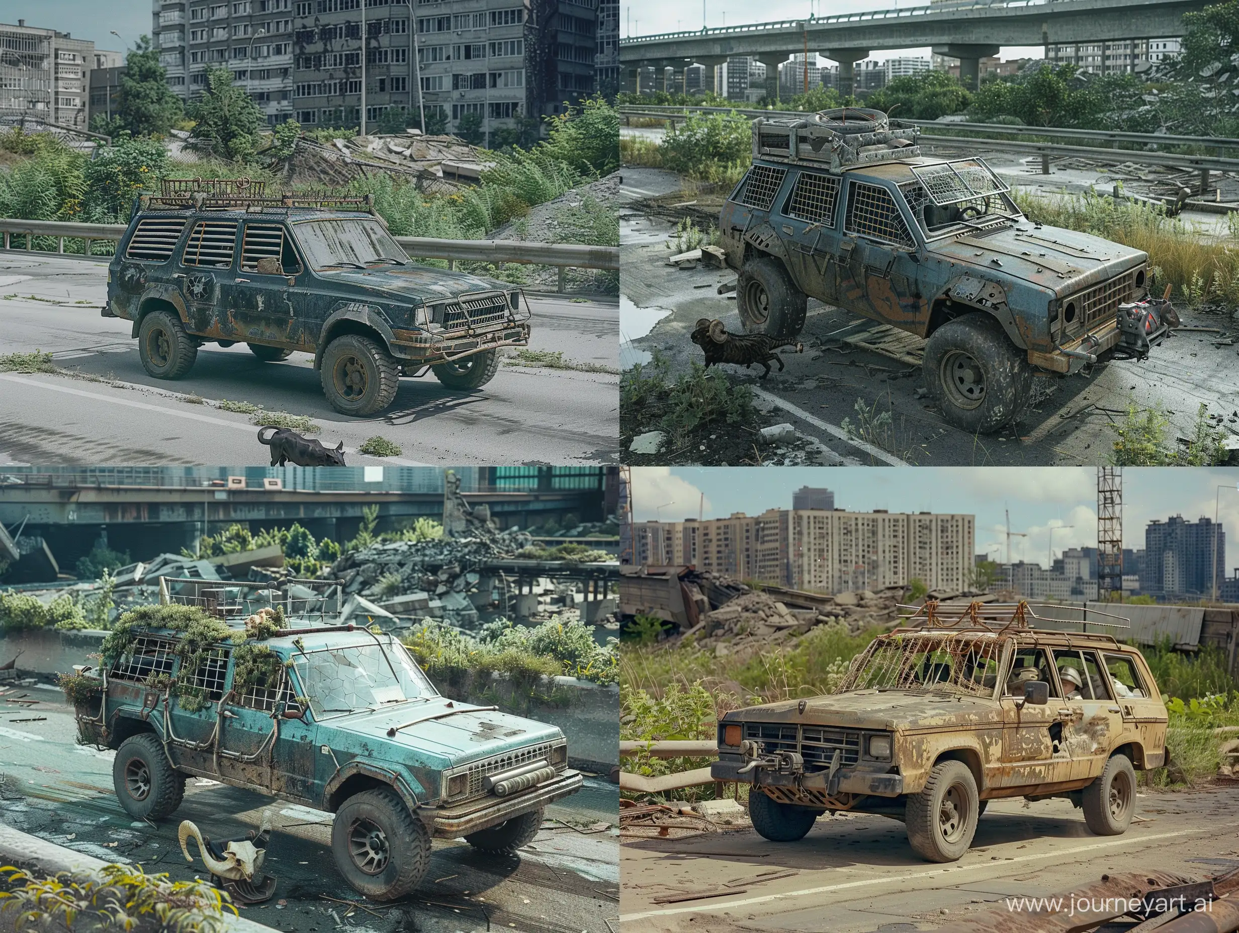 Post-apocalyptic future, an old SUV with homemade additional protection, bars on the windows, a ram in front, driving along an abandoned highway, in the background are the ruins of a city overgrown with greenery, nature has defeated civilization, the atmosphere of an endangered humanity. The scene is shot from the ground, focusing, zooming.