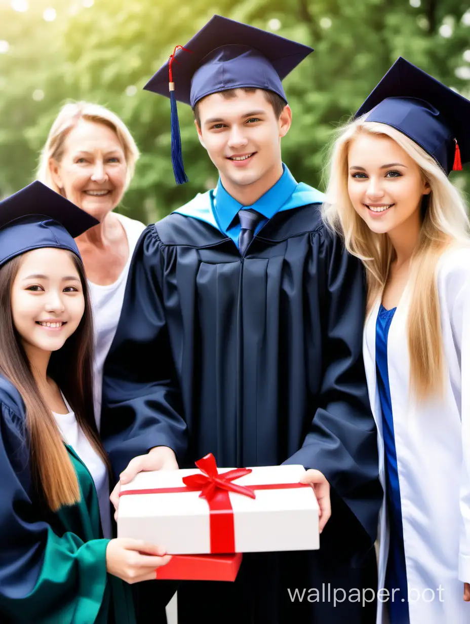 This is a real photo taken at the graduation ceremony. The girl is young and beautiful, wearing a bachelor's uniform and a bachelor's cap. With her were his parents, and her mother was handing her a graduation gift box. The whole picture presents a festive scene.
all Caucasian