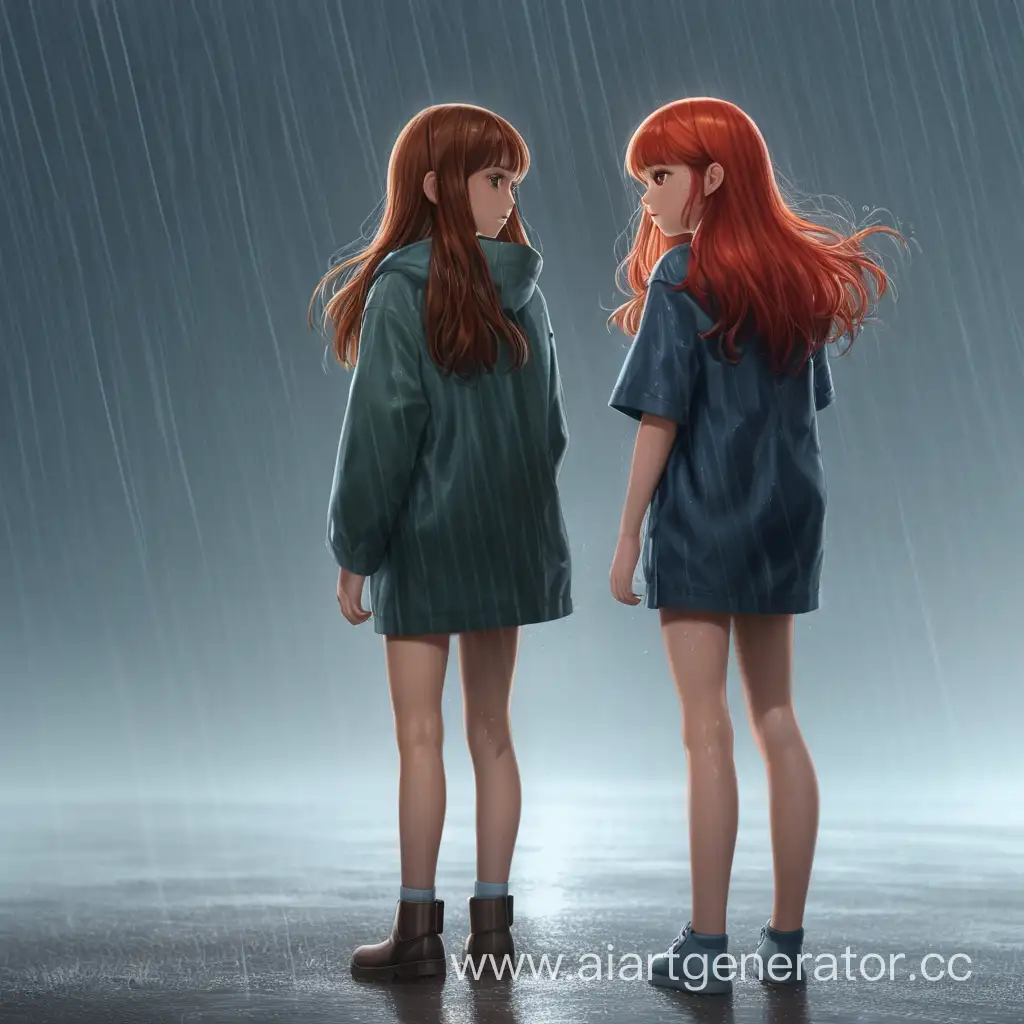 Две девушки стоят спина к спине под дождём. У одной длинные русые волосы, у другой красные короткие