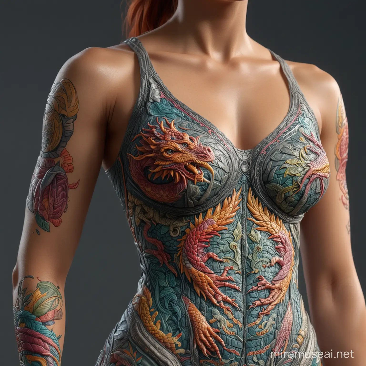 ultrarealistic high detail 4k full body long shot showing an anatomically correct female human, with colourful draconic symbols carved into arms, with a sleeveless summer dress