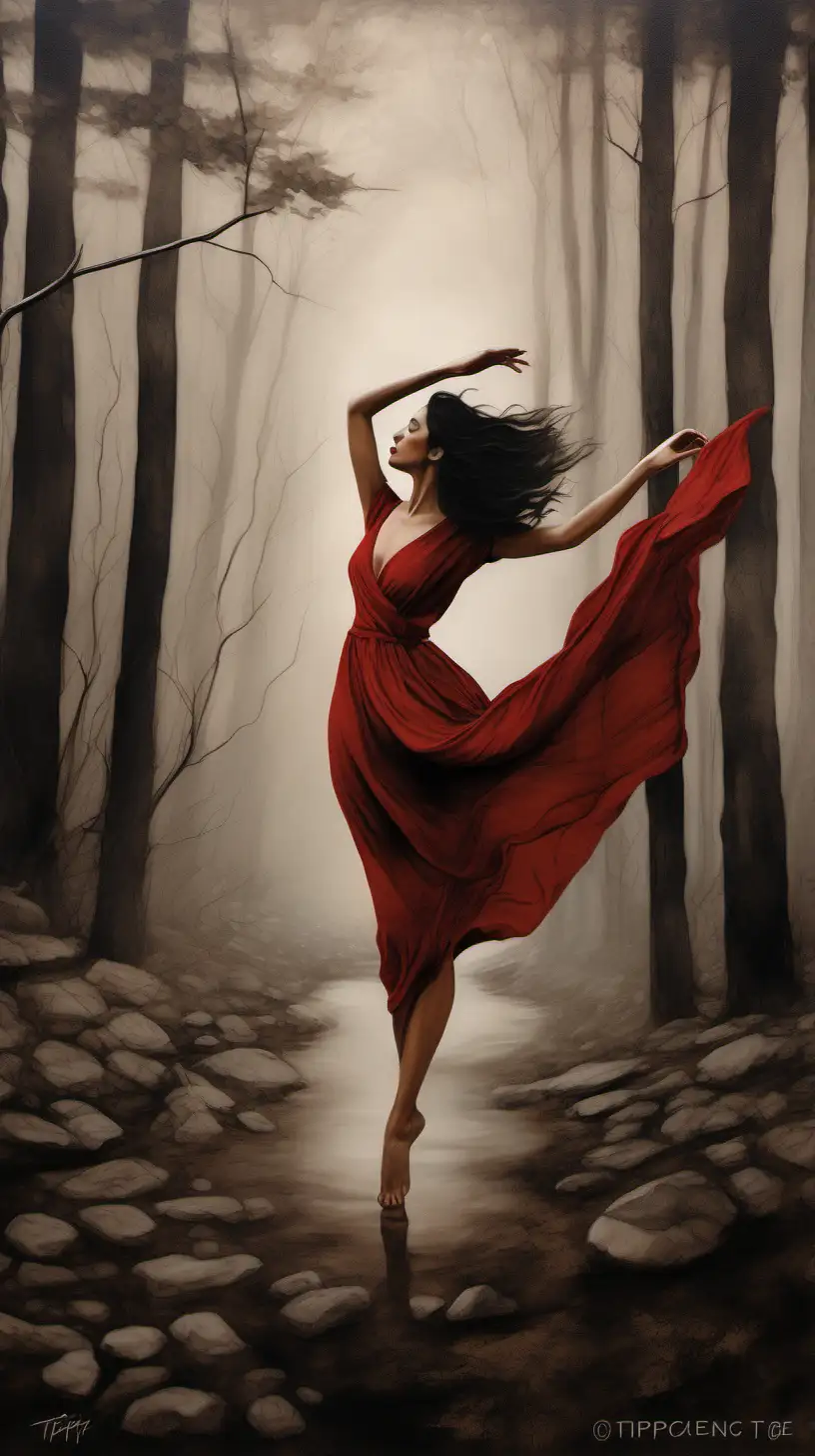 Serene Morning Dance in the Forest DarkHaired Woman in Earth Tones