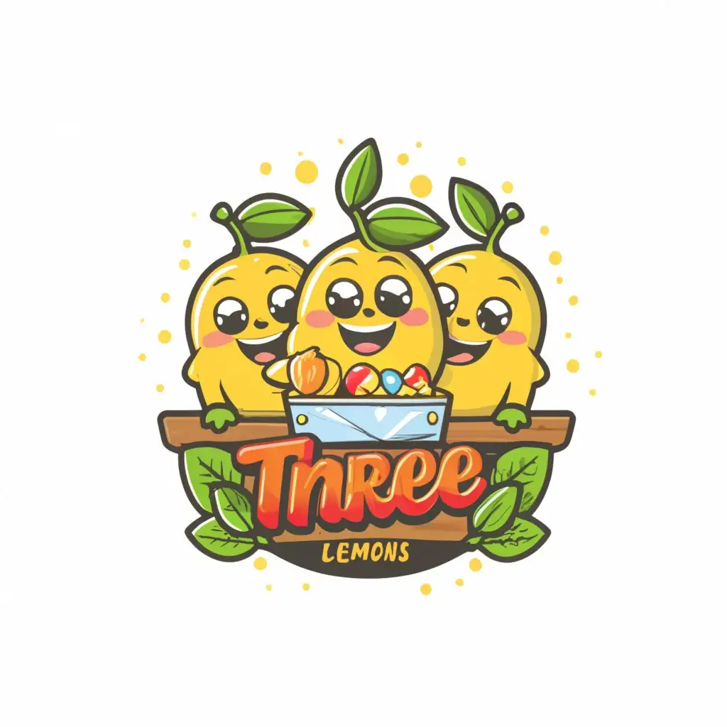 LOGO-Design-For-Three-Lemons-a-Stand-Playful-Lemon-Kids-Behind-a-Stand-on-Clean-Background