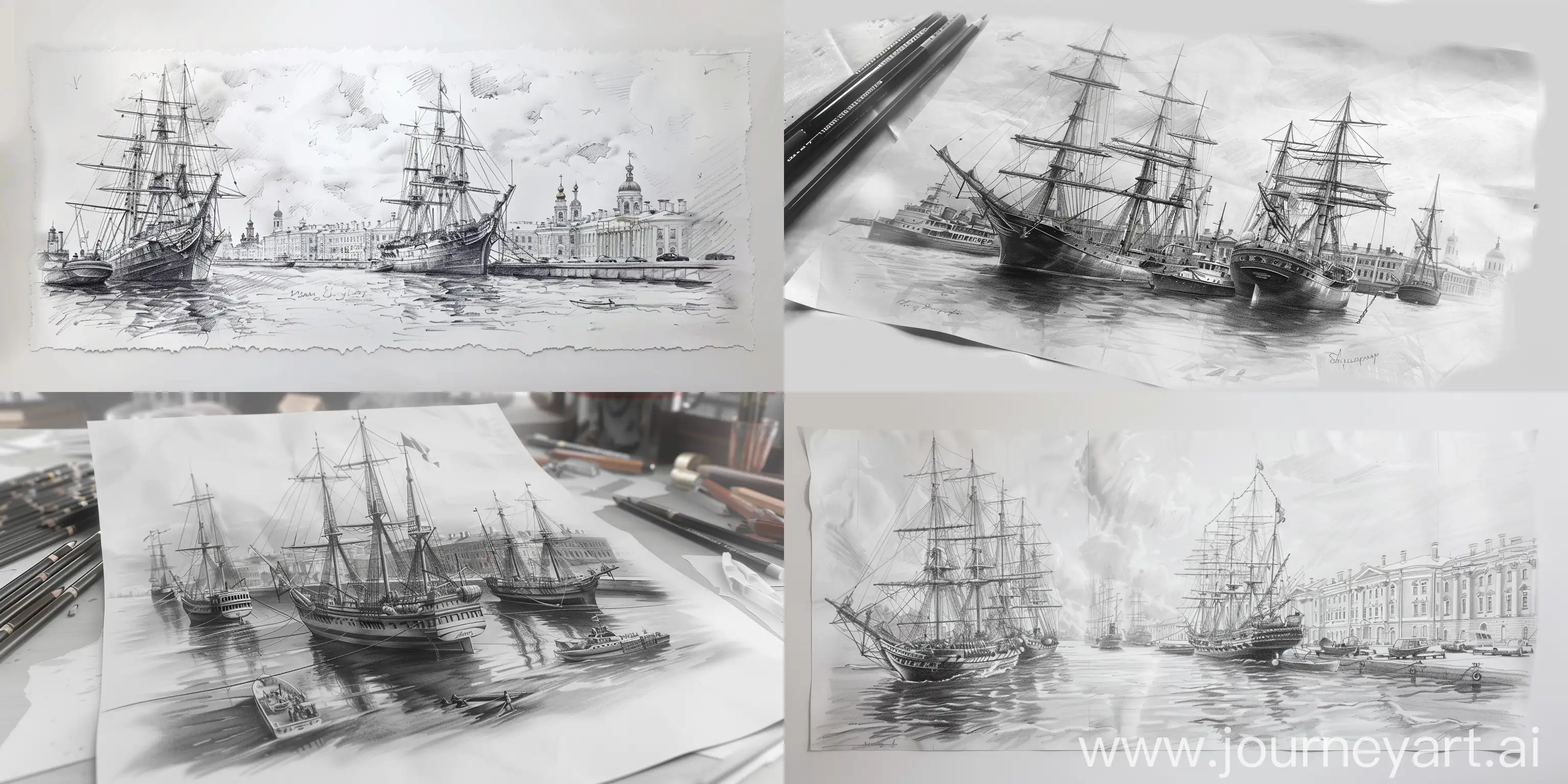 pencil drawing mooring of ships in the harbor of St. Petersburg , on a white sheet of paper, 3d rendering, realism, detailing --ar 4:2