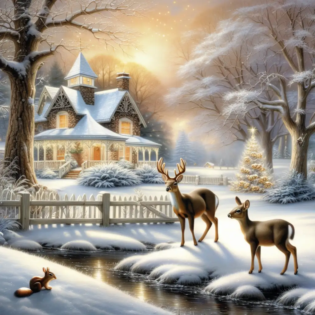 country background wintery with deer and squirrel, filigree, sparkle, glistening, glowing, glittery, bronze White, Black, gold, Thomas Kinkade