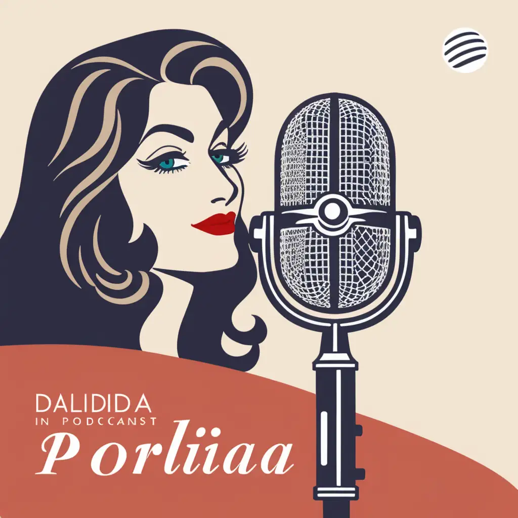 Logo pour un podcast, Dalida, queen, tenant un microphone stylisé, ambiance divertissement. Titre du podcast "Podcast in Portofino"