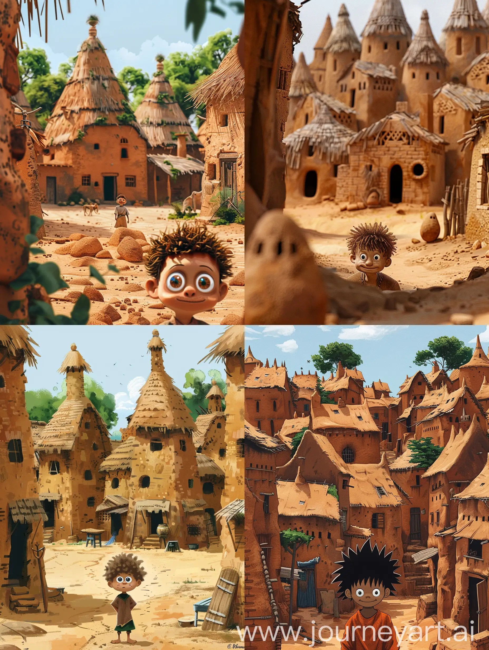 Charming-Village-Life-Curious-Boy-Amidst-MudBrick-Houses-with-Thatched-Roofs