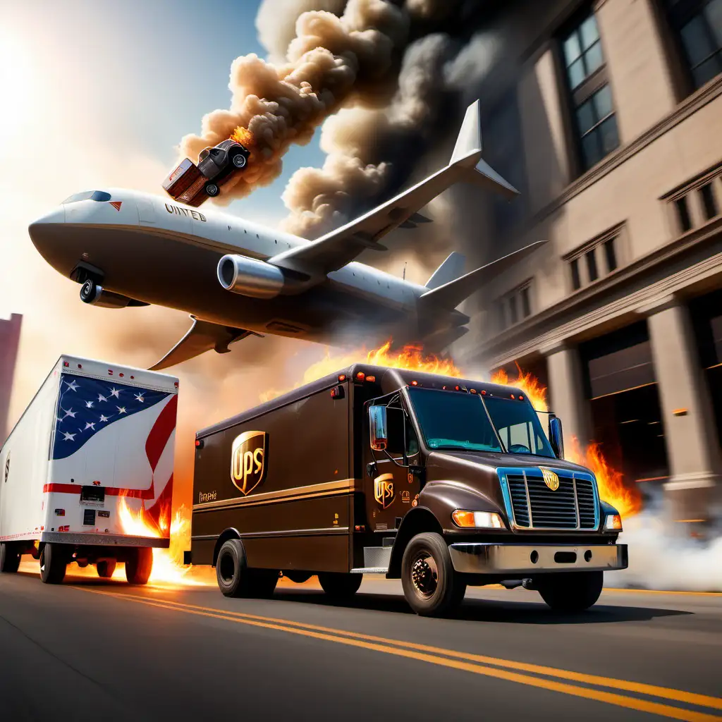 UPS truck and United States Post Office truck, racing dangerously, futuristic warehouse background, with fire and smoke, and packages