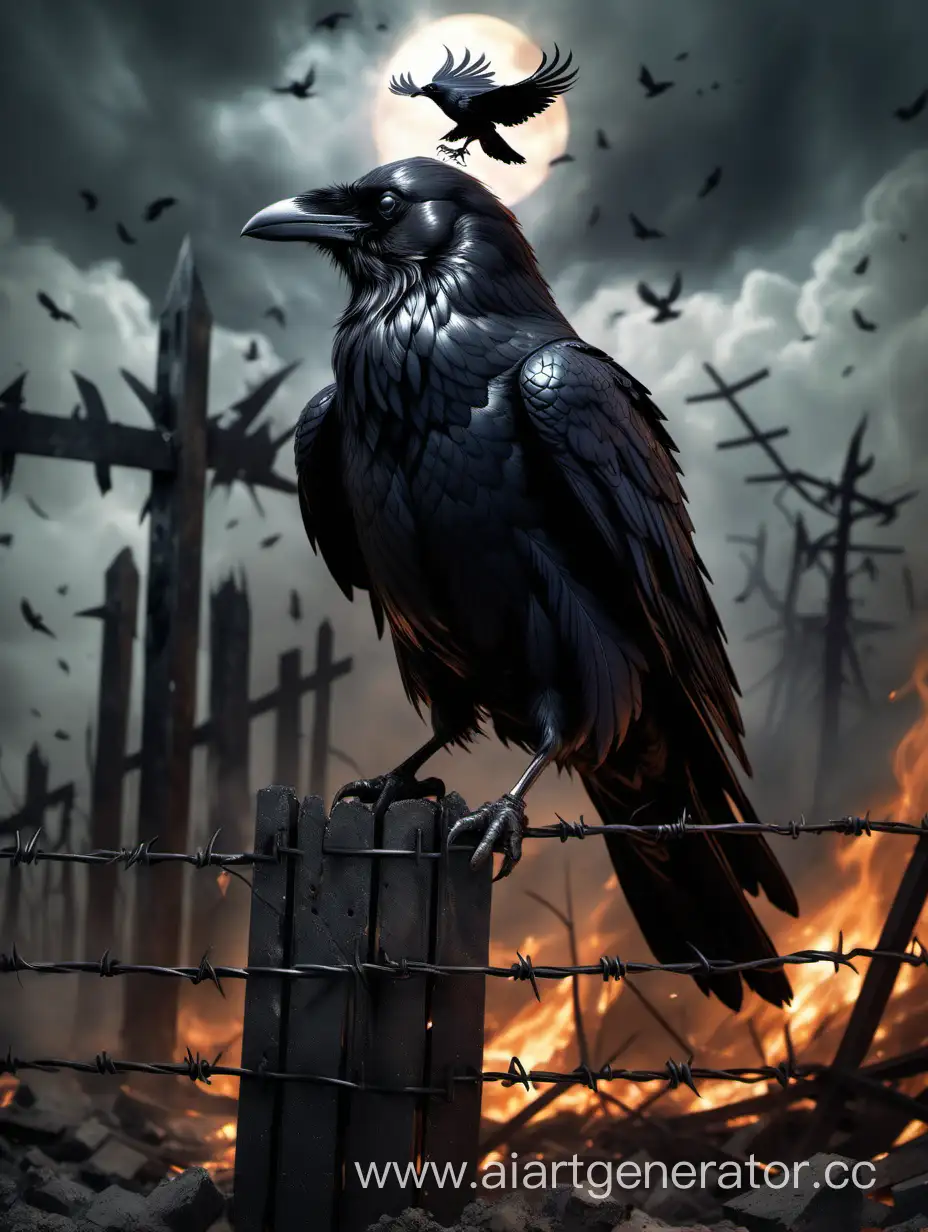 In a post-apocalyptic world where everything is ablaze, a raven sits on a fence, black and majestic. The barbed wire fencing it from heaven is a symbol of impeccable freedom, eternal struggle and courage. His feathers look like steel, glisten in the dark light, He will pierce his eyes with his gaze, like a sword from the night. The post-apocalypse is his kingdom, where he rules over a world where there is neither peace nor order. In the background, everything is ablaze, as if in Western mode, Burning houses, destroyed cities and endless deserts. But the raven stands steadfastly, looking into the distance, His wings are a symbol of hope that there is always a beginning in the end. He watches the flames that have engulfed the world, And traces of fear and longing are visible in his eyes. But there is a fire burning in his heart, inextinguishable and bright, He knows that in the post-apocalypse there is a place for miracles and revenge. So let this raven become a symbol of hope and strength, In a post-apocalyptic world where death and destruction resound in every cry. May his wings fly over deserts and destruction, And under him