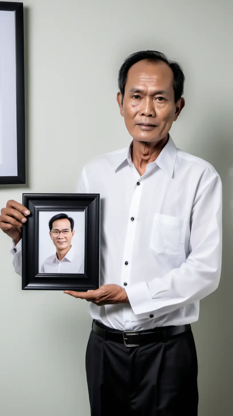a 60 year old south east asian man with skinny figure, black short thin sleek hair, full face big forehead, wearing white button up shirt and black pants. handing a picture frame sideway
