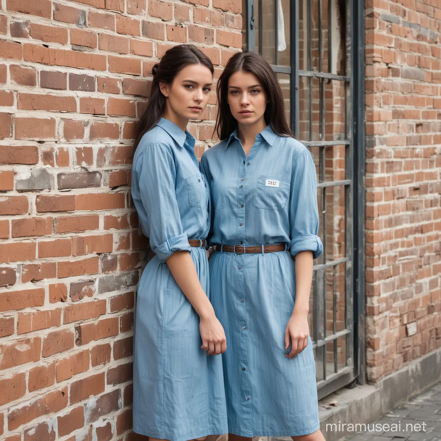 Two prisoner women (25 years old, same dress) stand Line up along a wall in a prisoncell (brick walls, small barred window) in paleblue rollup-sleeve buttoned shirt and paleblue midi skirt ( brunette hair, sad) (a printed "4396" numberlabel on shirt chestpocket)