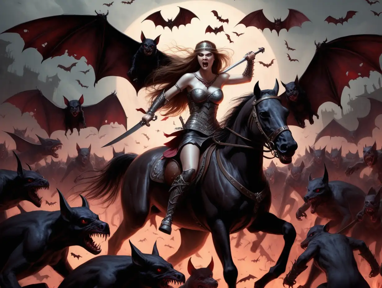 warrior princess on horseback fighting a horde of vampire bats