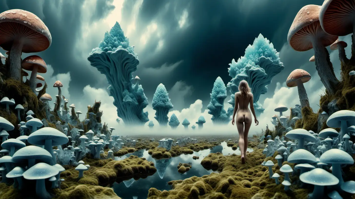 Psychedelic landscape, crystalline bluish mineral clouds, with nude woman ascending up into the sky, Moss, mushrooms, and water on the ground, taken with DSLR camera, vast, realistic lighting