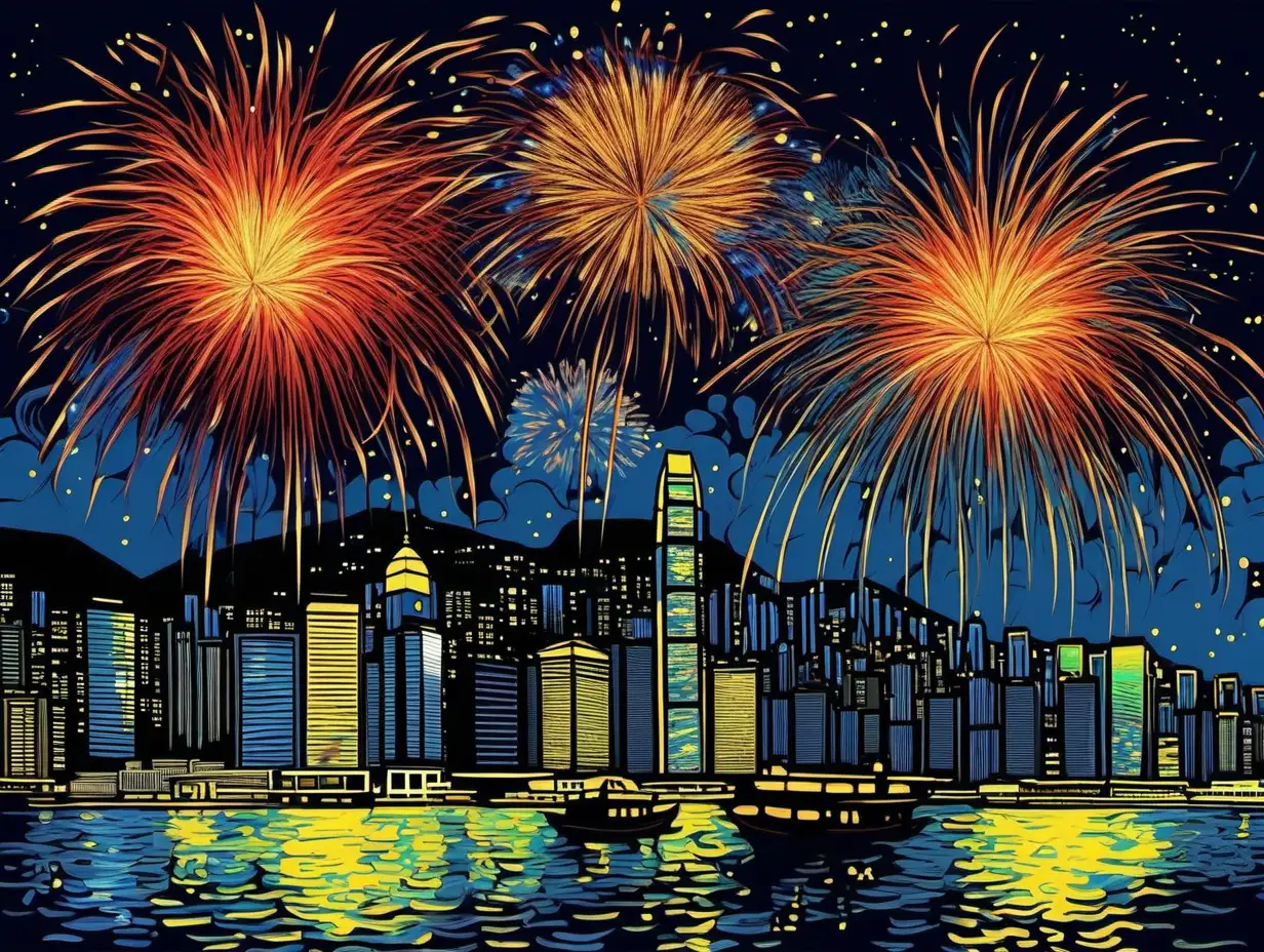 Van Gogh style Hong Kong Victoria harbour firework