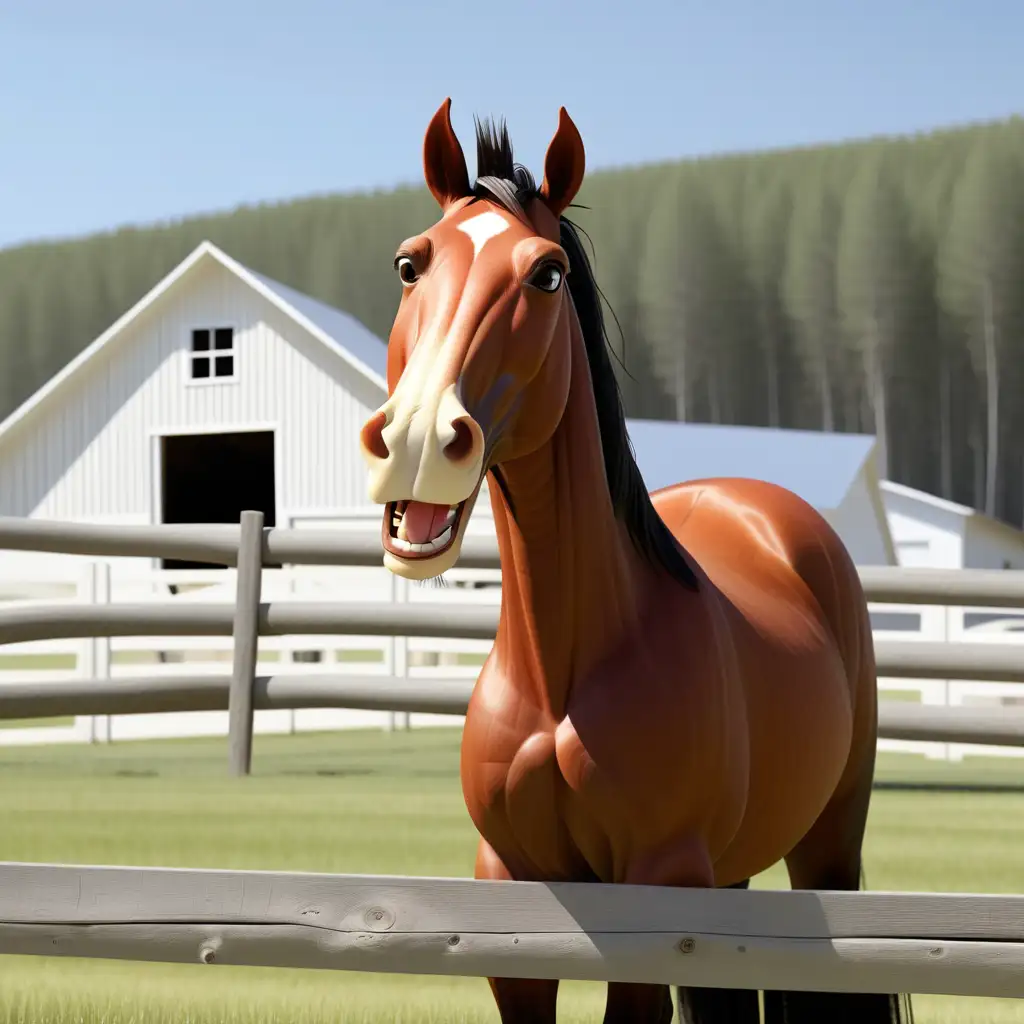 Talking Bay Horse Behind Board Fence with White Barn Background