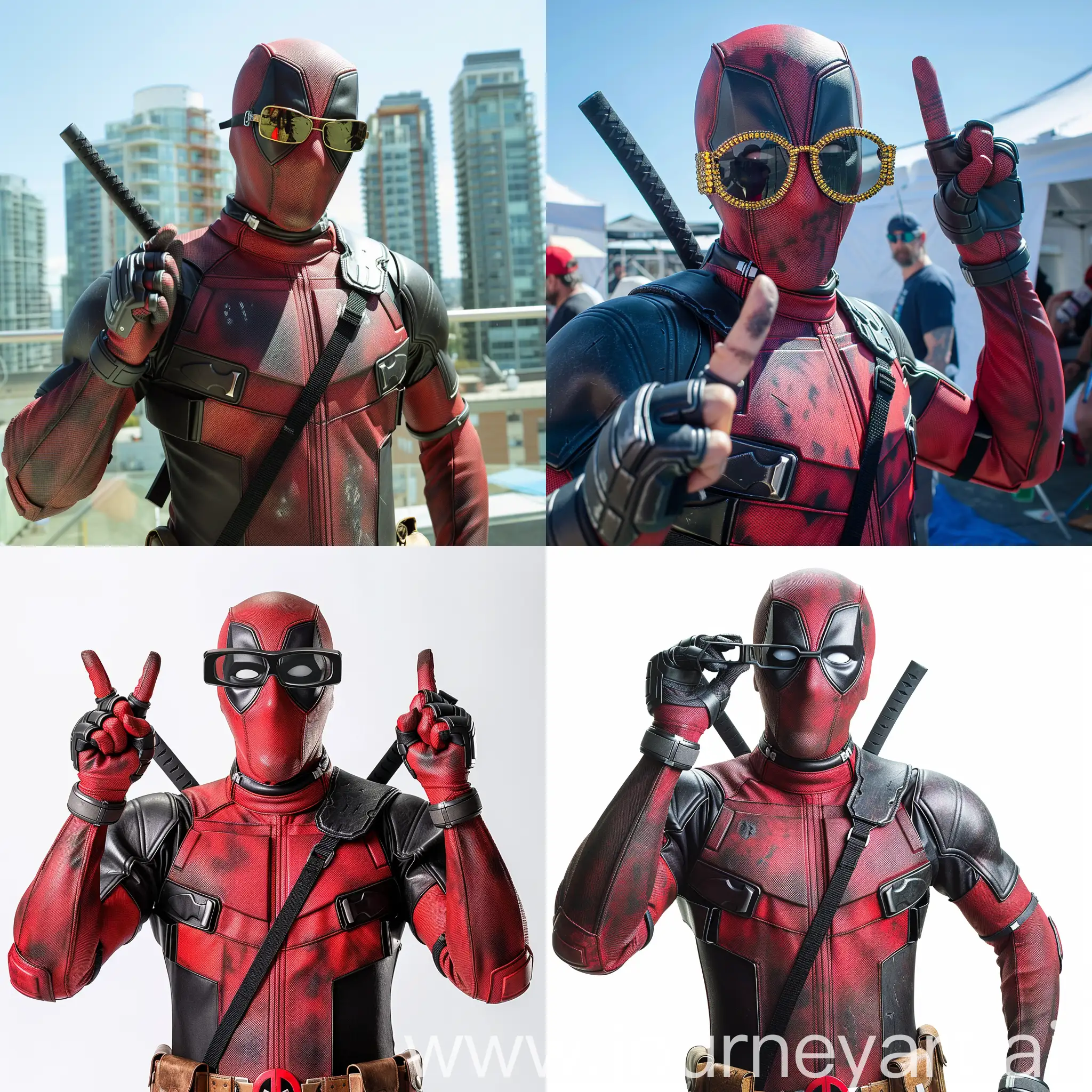 Deadpool with the matrix glasses on posing at the camera 