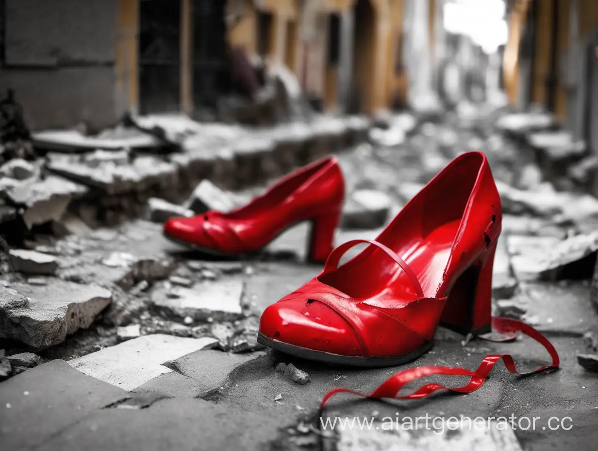 красные женские туфли крупным планом, вокруг разрушенная улица