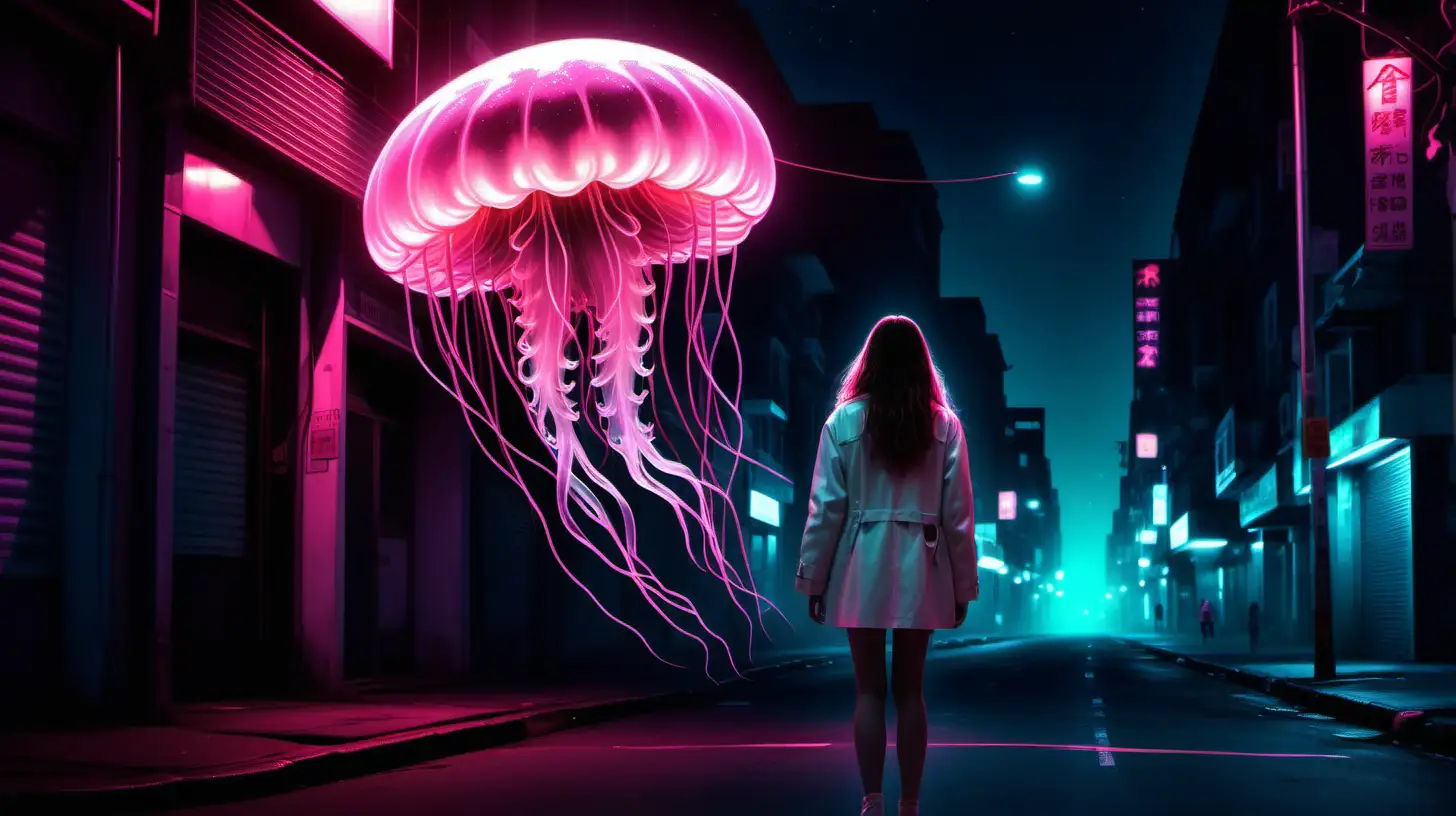 l night lights empty city street one lonely girl in white short coat meets one big jellyfish on big distance pink neon ultra realistic back dark mystery
