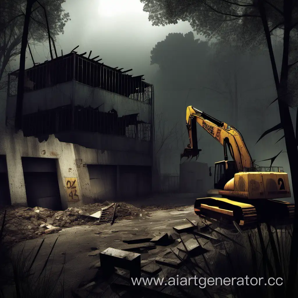 Кампания Dengerous Suburb для игры Left 4 Dead 2, 8 глава. В лесу стоит ночь, до этого шёл дождь, но он прошёл. Нарисуй пожалуйста заброшенную стройку около какого-то бетонного в некоторых местах сломанного здания. Стройка окружена забором и на ней даже остался один экскаватор.