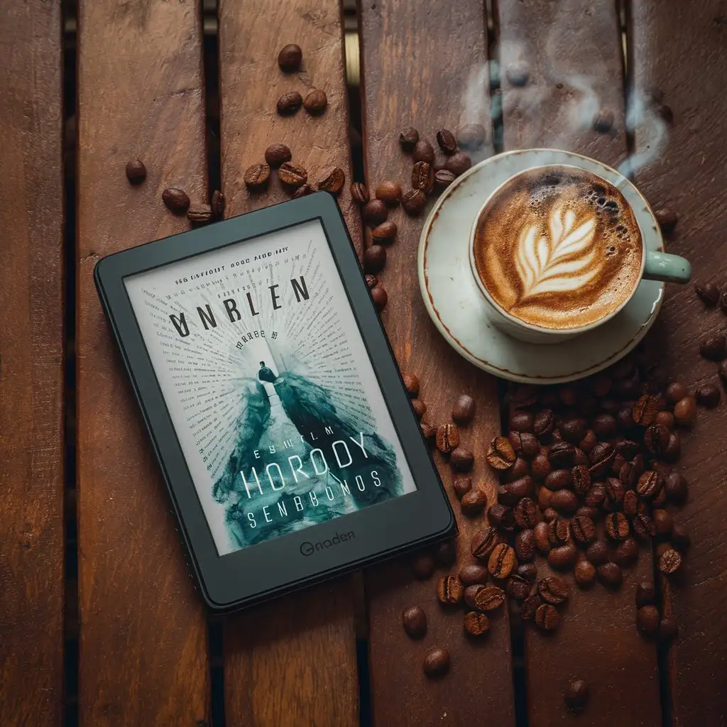 Generate an aesthetic and eye catching image of a vertical e-reader with a book cover displayed on a table facing us with a single cappuccino cup beside it and scattered coffee beans with some empty space around it