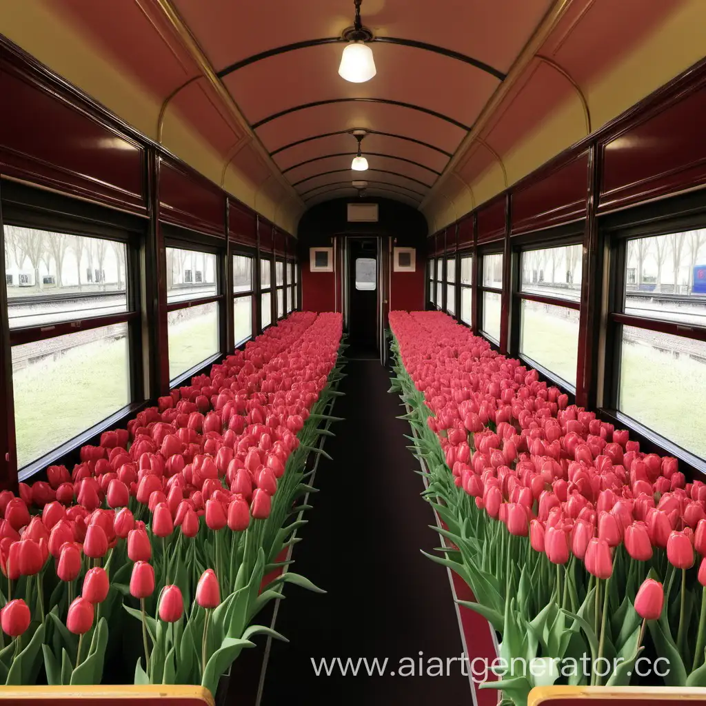Вагон поезда с тюльпанами