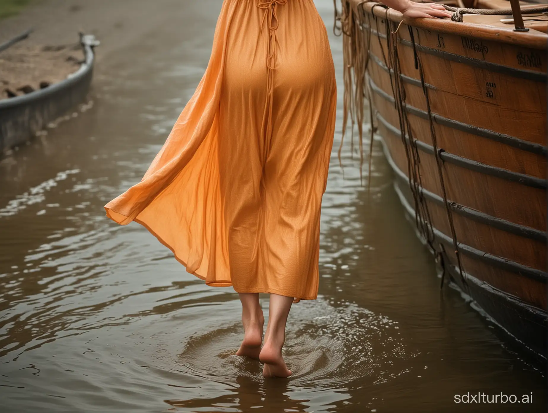 A slender girl in a (((wet)))) medieval light orange dress stands with her back high up on the hem and places her bare foot on the edge of the boat and rejiggers her long (((wet)))) russet hair.